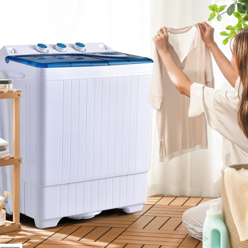 COSTWAY Portable Washing Machine, Twin Tub 26lbs Capacity Laundry, 18lbs Washer and 8lbs Spinner Combo with Timer Knobs, Built-in Drain Pump, Compact Washer for Home Dorm Apartment (Grey+White)
