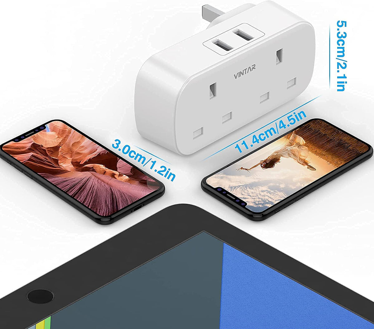 VINTAR Double Plug Adapter UK with 2 USB, 2 Way Plug Extension Sockets