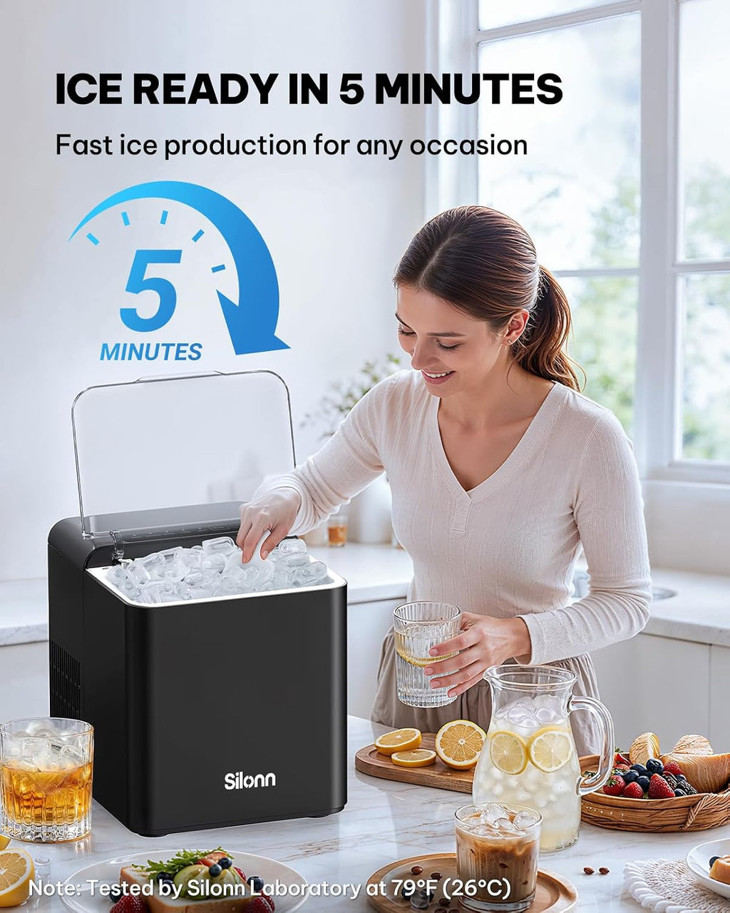 Silonn Ice Maker Countertop, 9 Cubes Ready in 6 Mins, 26lbs in 24Hrs, Self-Cleaning Ice Machine with Ice Scoop and Basket, 2 Sizes of Bullet Ice for Home Kitchen Office Bar Party