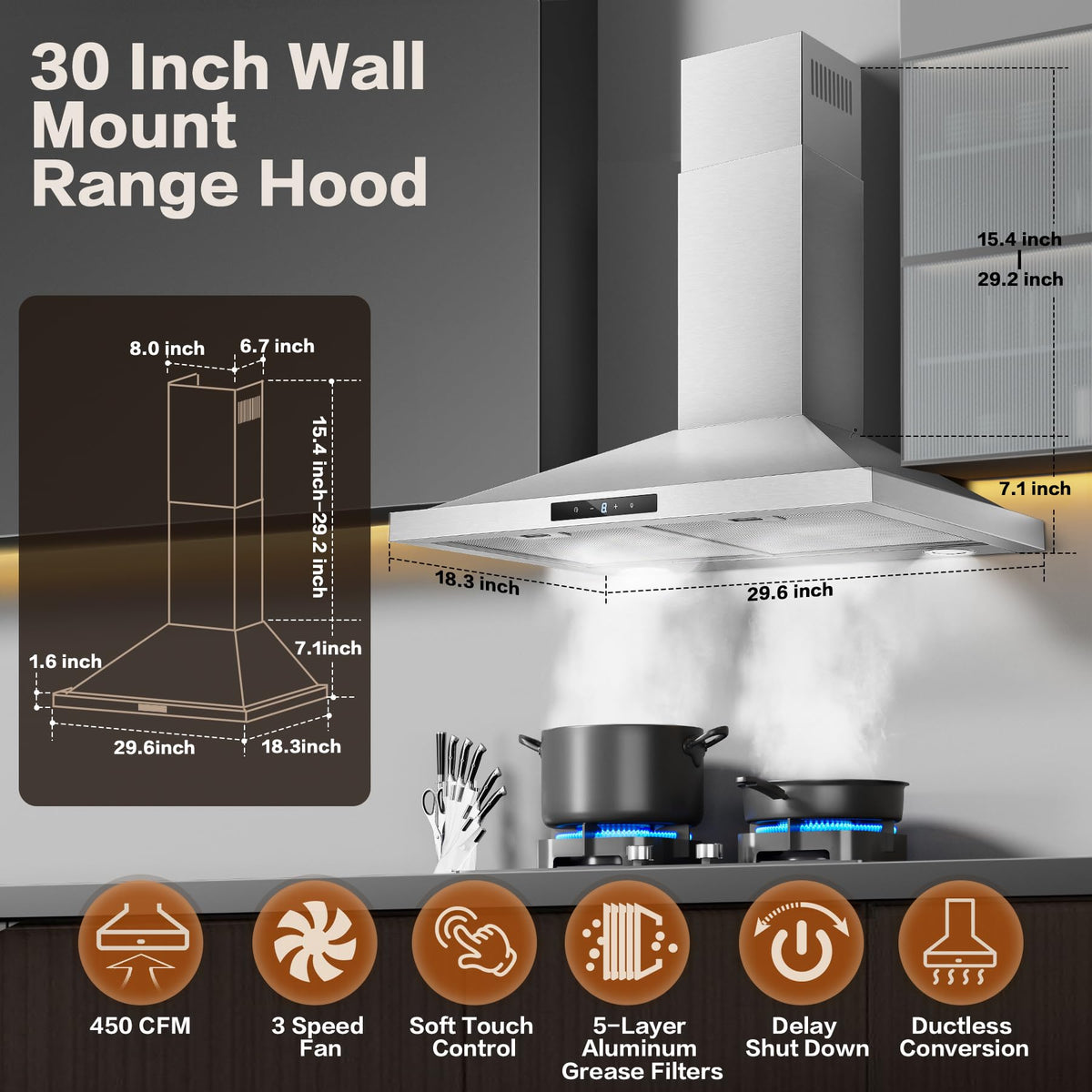 Wall Mount Range Hood 30 inch, 900 CFM Stainless Steel Kitchen Hood