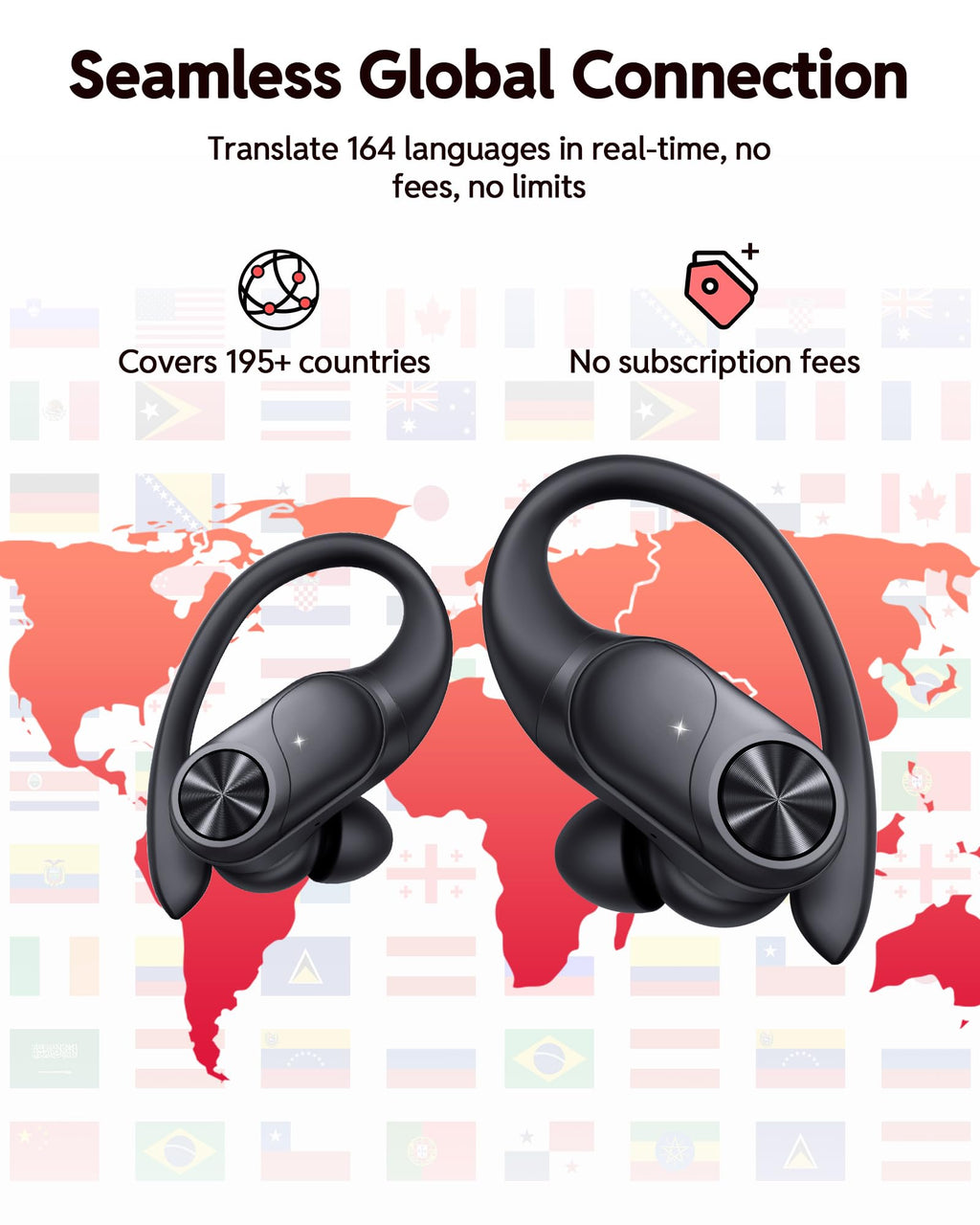 PocBuds Bluetooth Headphones Wireless Earbuds 80hrs Playtime Wireless Charging Case Digital Display Sports Ear Buds with Earhook Deep Bass IPX7 Waterproof Over-Ear Earphones for TV Phone Laptop Pink