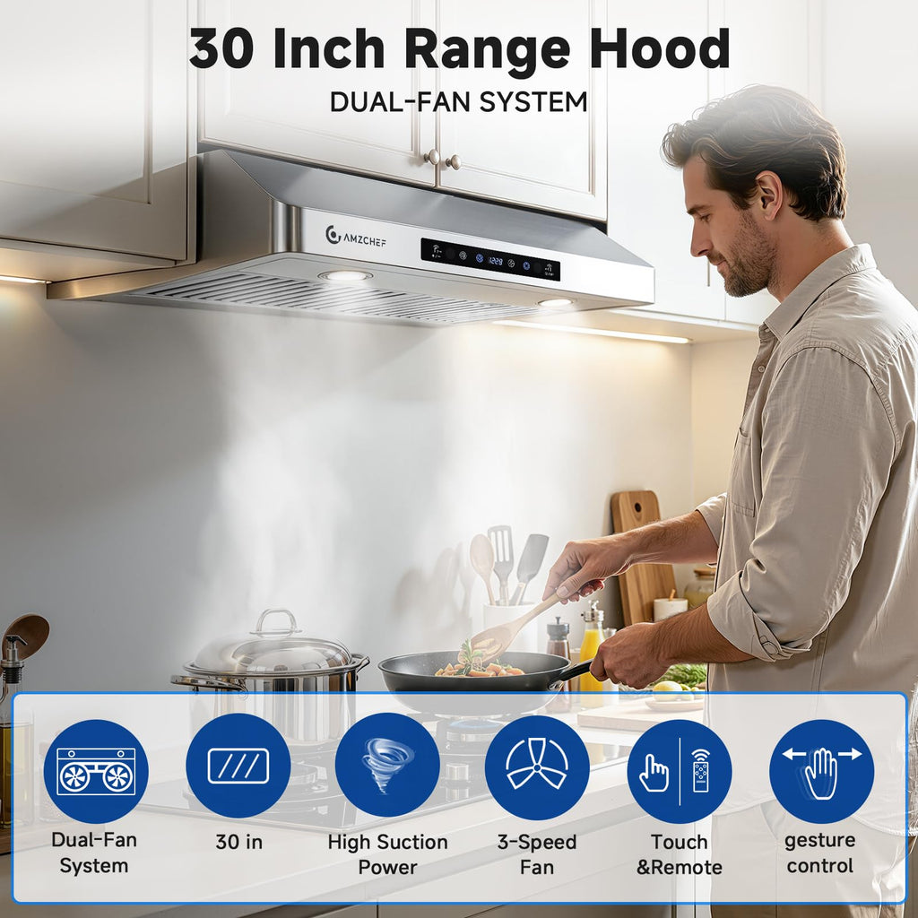 AMZCHEF 30" Under Cabinet Range Hood, 750CFM Stainless Steel Vent Hood