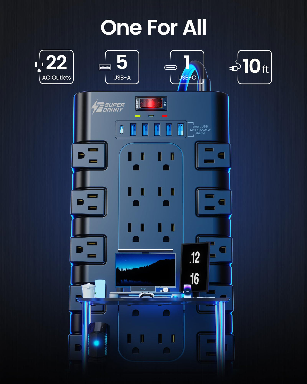 SUPERDANNY Power Strip Surge Protector, 22 AC 6 USB, 2100J, 6.5Ft,1875W/15A
