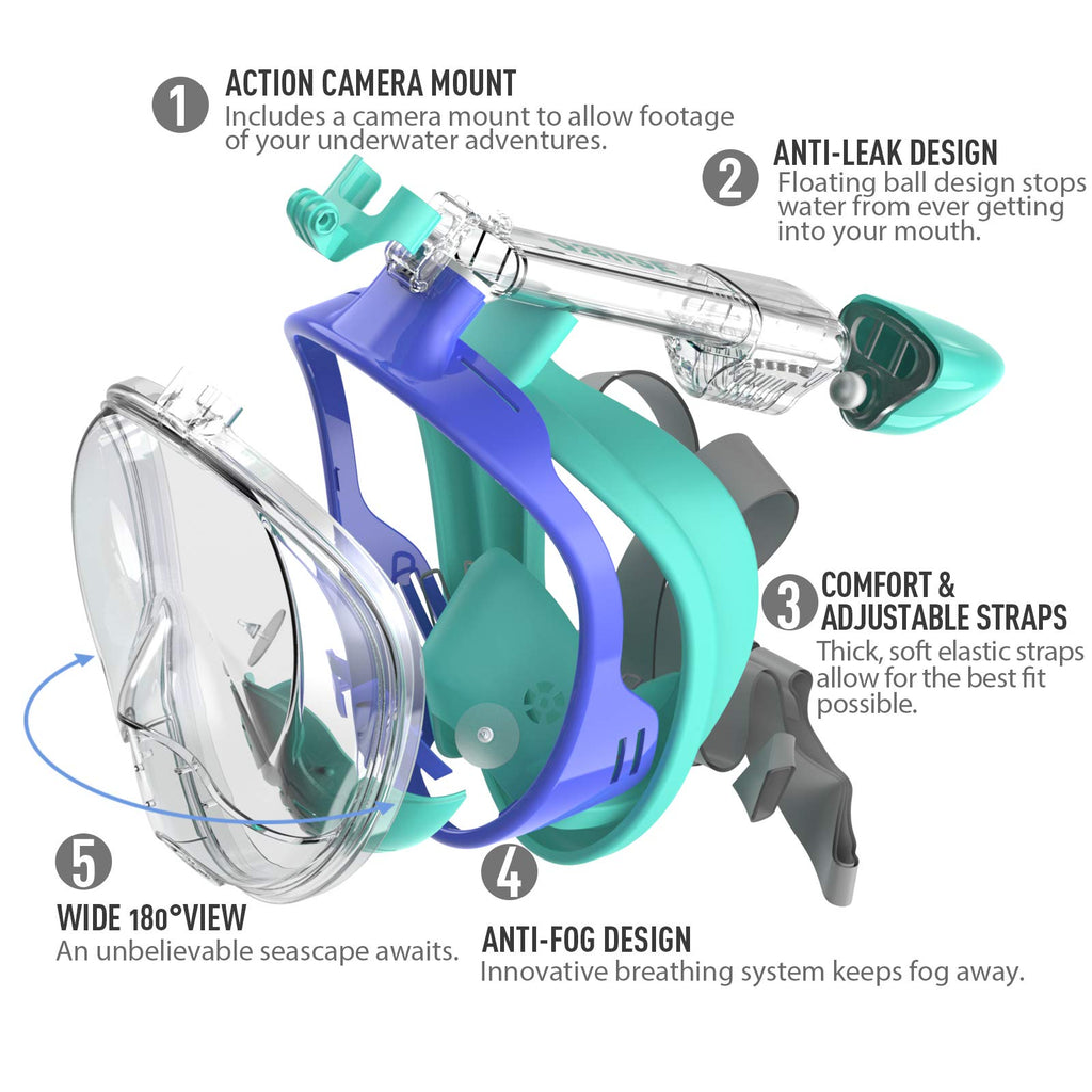 G2RISE SN01 Full Face Snorkel Mask with Detachable Camera Mount, Anti-Fog and Foldable Design, Advanced Breathing System for a Safe Adults/Kids Snorkeling Experience