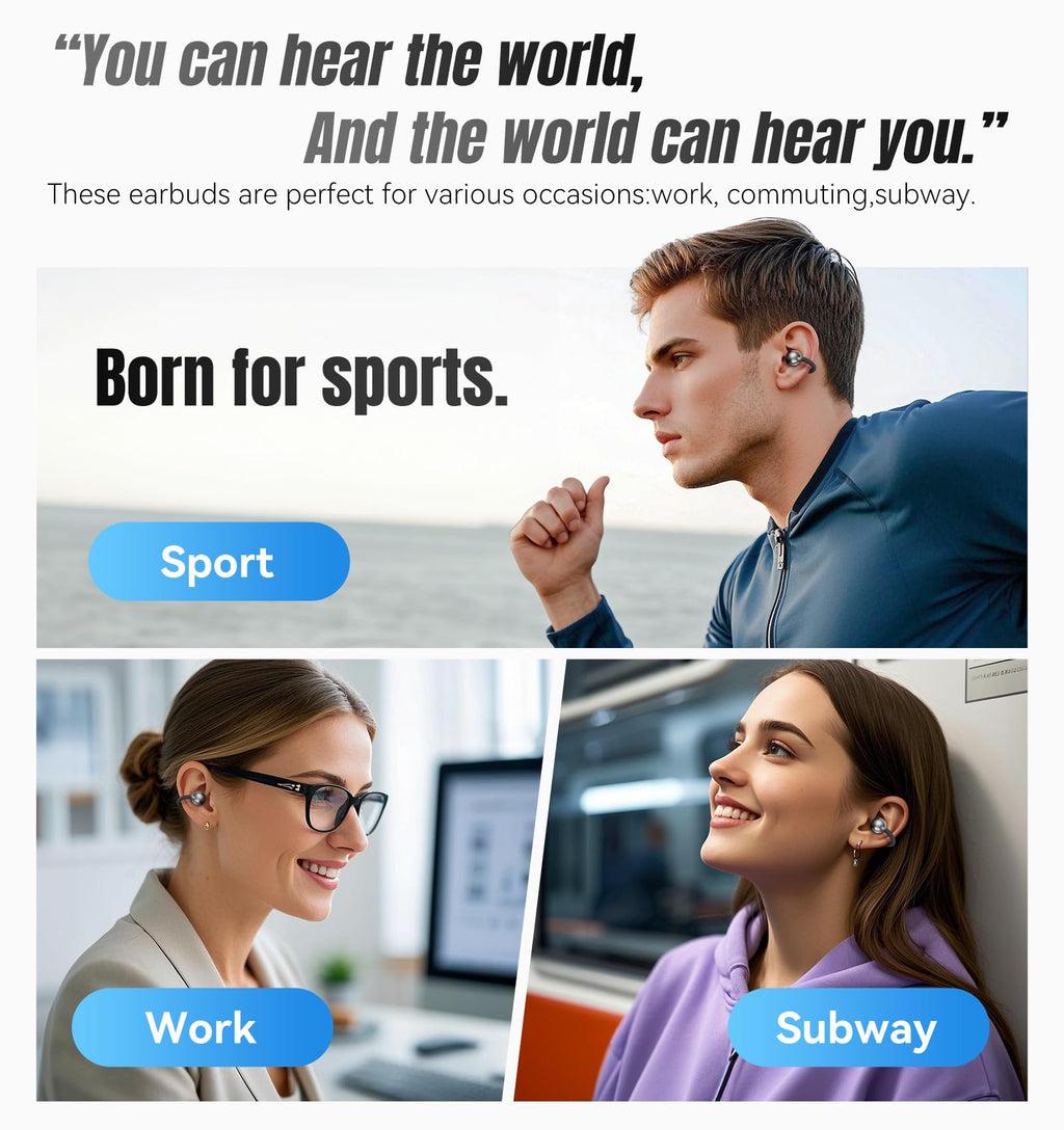Kinglucky Clip-On Earbuds Gen 3, Open-Ear Wireless Bluetooth 6.0 Headphones with Mic, Secure Fit for Small Ears & Glasses Wearers, 50H Playtime, LED Digital Display, ENC, IPX5 Waterproof(Balck)