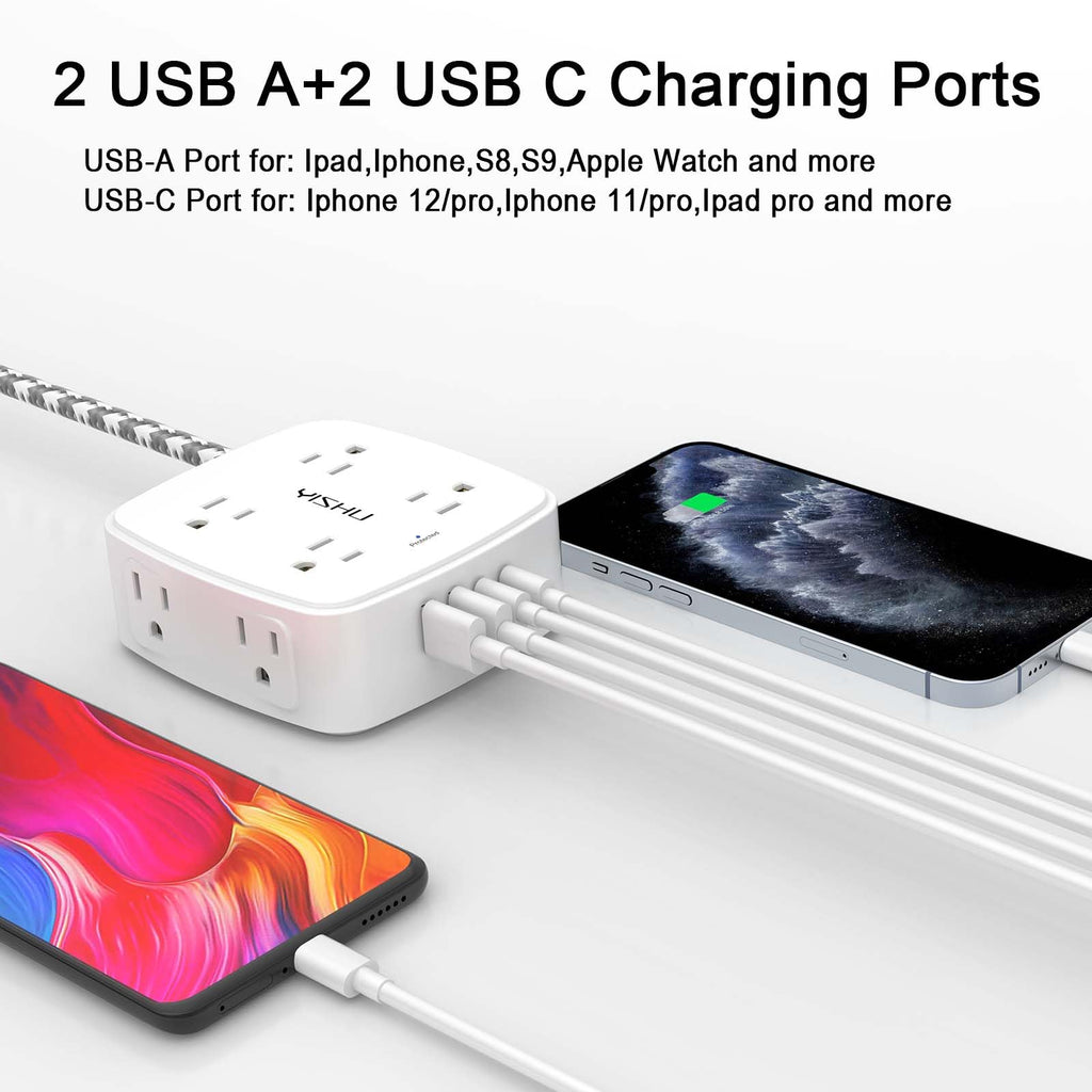 6 Ft Surge Protector Power Strip - YISHU 8 Widely Outlets with 4 USB Ports, 3 Side Outlet Extender with 6 Feet Flat Extension Cord, Ultra Flat Plug, Wall Mount, Desk USB Charging Station, ETL, Black