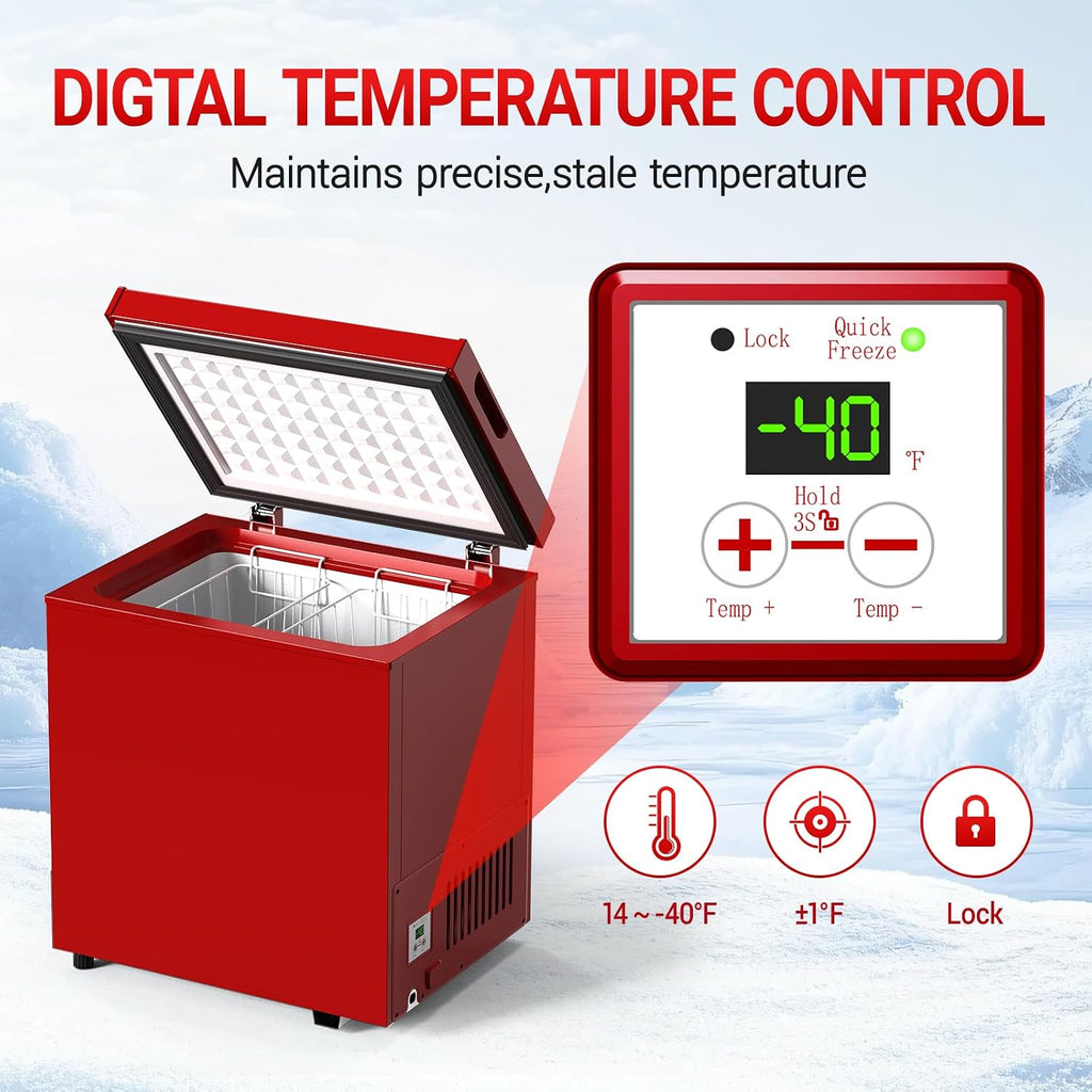 Chest Freezer Low temperature quick freeze 14℉ to -40℉ Compact Freezer - 2 Removable Baskets Match Day Parties, Home Bar Game Day &Beaded Ice Cream & Frozen Storage (Red, 1.8 Cubic Feet)