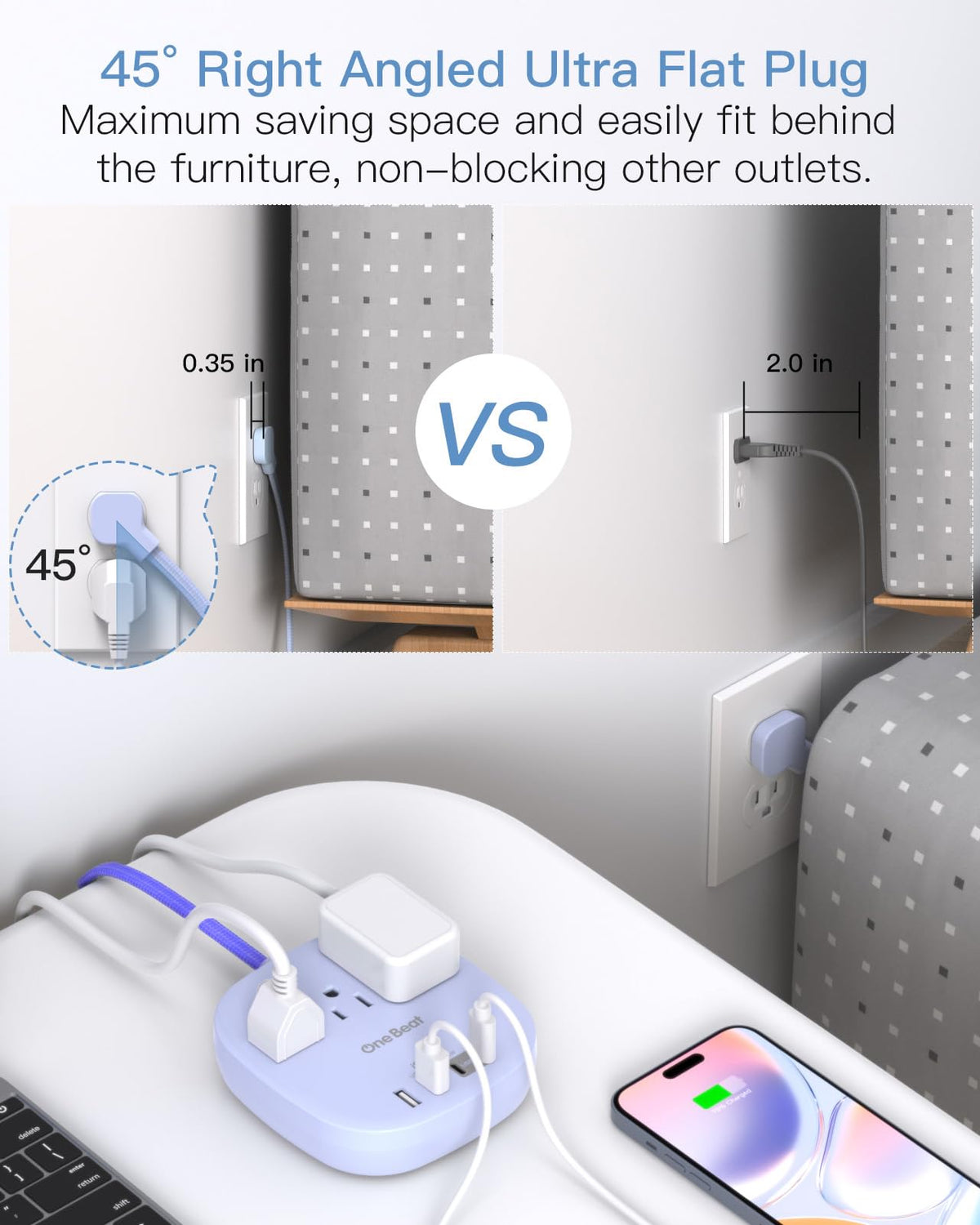Travel Essentials, 22.5W/4.5A Flat Plug Power Strip, 6 Ft Extension Cord