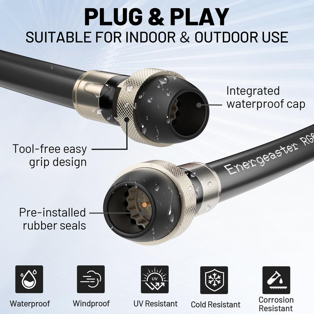 energeaster 10FT RG6 Coaxial Cable with Waterproof Rubber Boot, Black