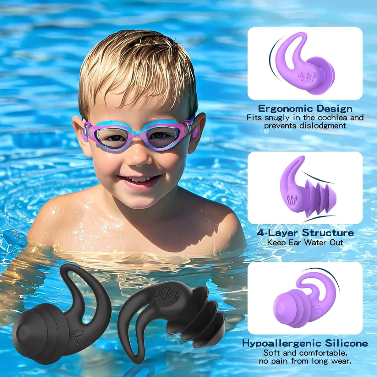 Swimming Ear Plugs for Kids,4 Pairs Reusable Silicone Ear Plugs Swimming