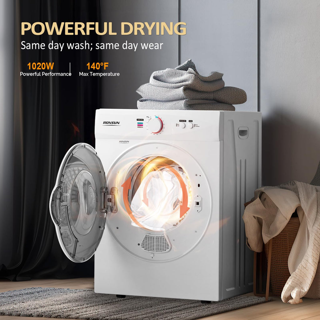 ROVSUN 110V Portable Clothes Dryer, High End Laundry Front Load Tumble Dryer Machine with Stainless Steel Tub & Simple Control Knob for Apartment, Dorm-850W, White