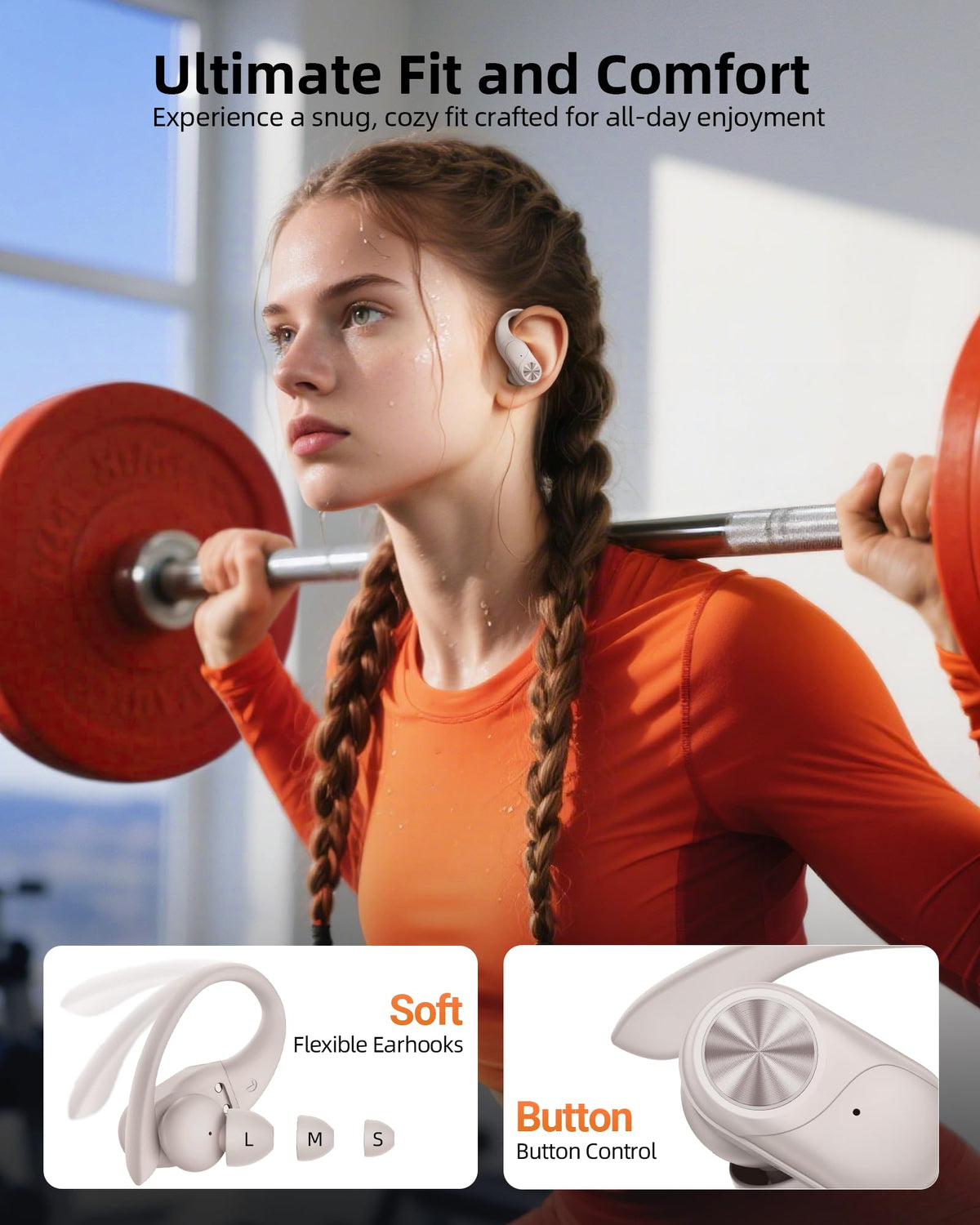 PocBuds Bluetooth Headphones Wireless Earbuds 80hrs Playtime Wireless Charging Case Digital Display Sports Ear Buds with Earhook Deep Bass IPX7 Waterproof Over-Ear Earphones for TV Phone Laptop Pink