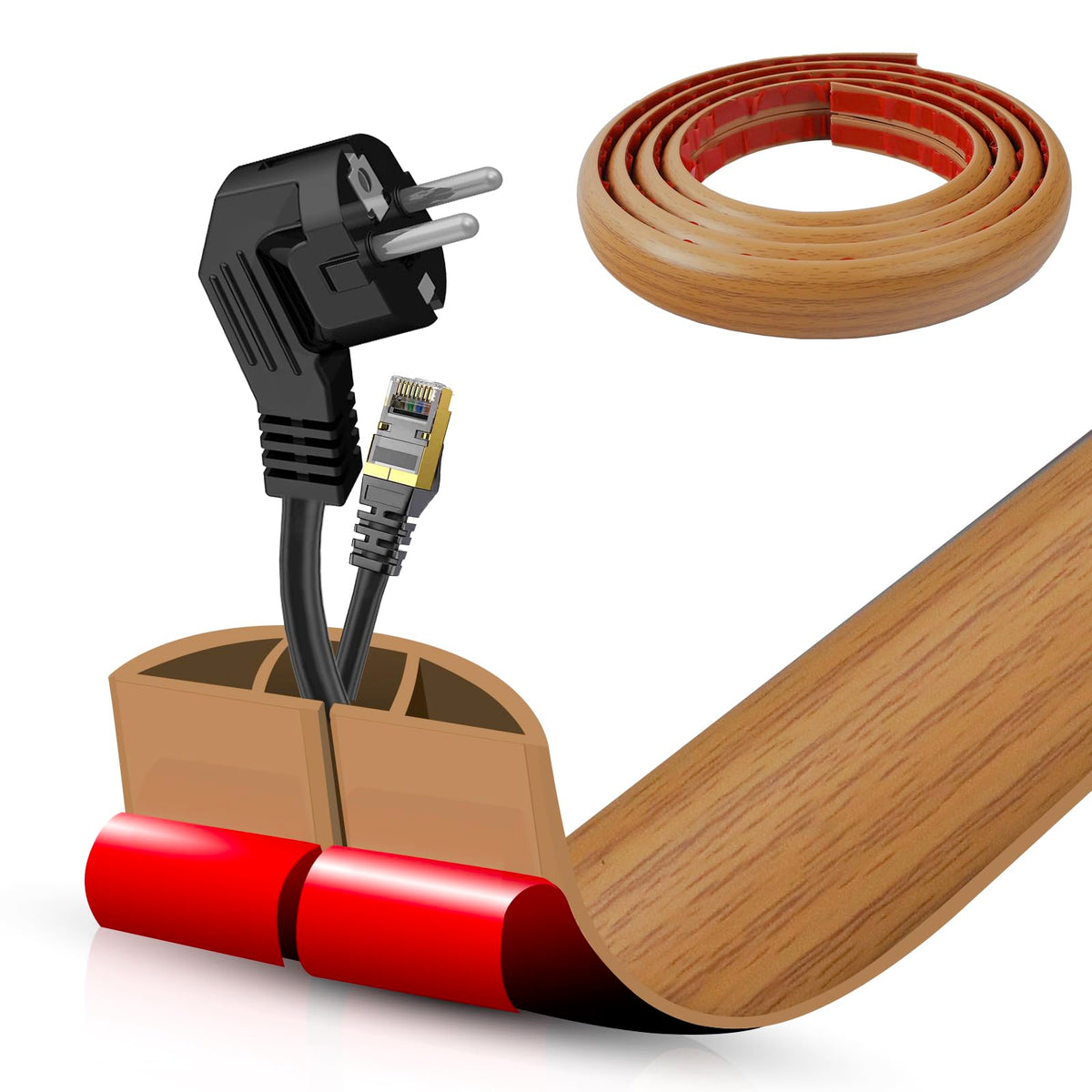 Floor Cord Cover Self Adhesive Cord Hider,3.3FT Cable Management, Extension Strip Protector for Wires, Prevent Cable Trips for Offices, Gyms, Exhibitions Cavity:0.3"(W) x 0.28"(H) Brown Wood