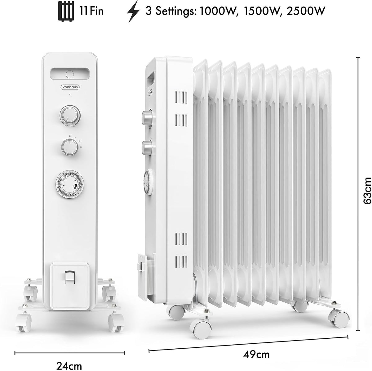 VonHaus Oil Filled Radiator 11 Fins – 2500W, 3 Heat Settings, 24 Hour Timer