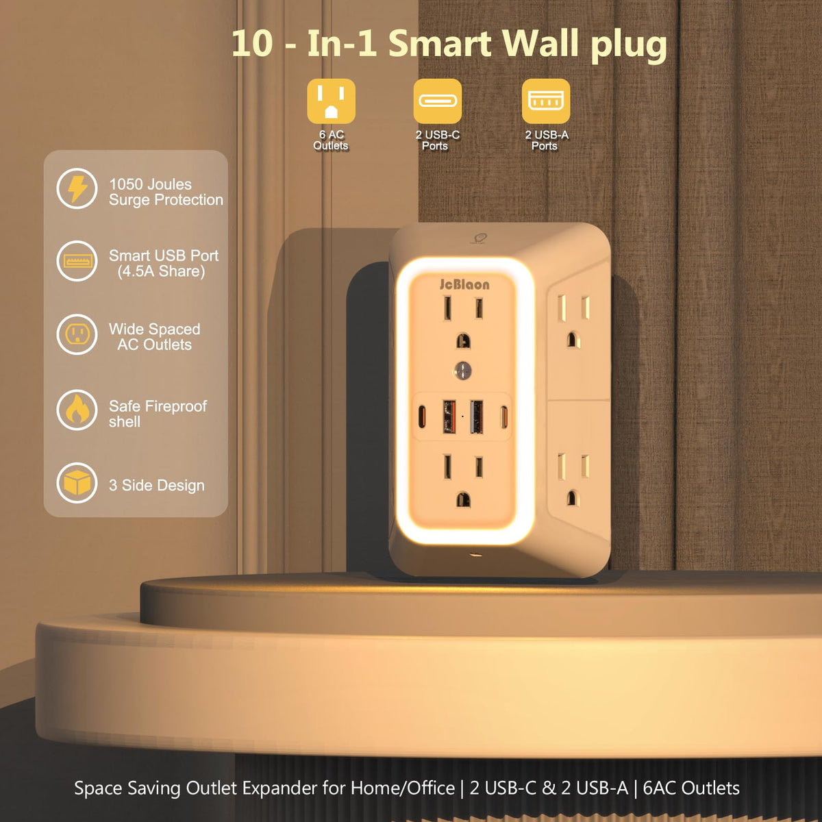 3 Pack Surge Protector Outlet Extender, 6 Outlet Splitter with 4 USB Ports (2 USB C), Multi Plug Wall Outlet 1050J Power Strip, USB Wall Charger for Home Office Kitchen Travel-ETL