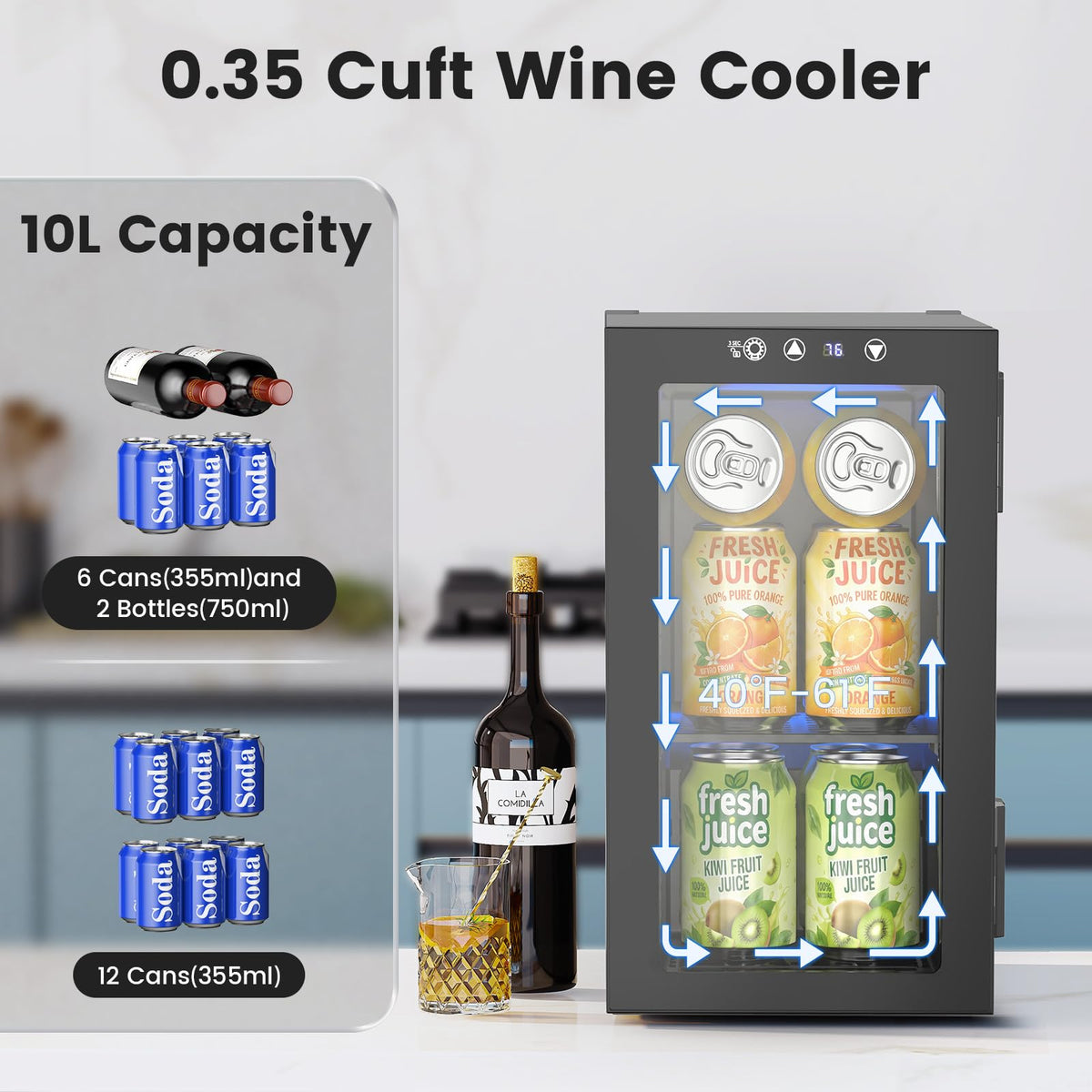 Electactic 48 Can Beverage Refrigerator,12 Bottle Wine Cooler with Seamless Stainless Steel & Glass Door, Digital Temperature Display, Countertop Mini Fridge for Soda, Wine or Beer, Silver