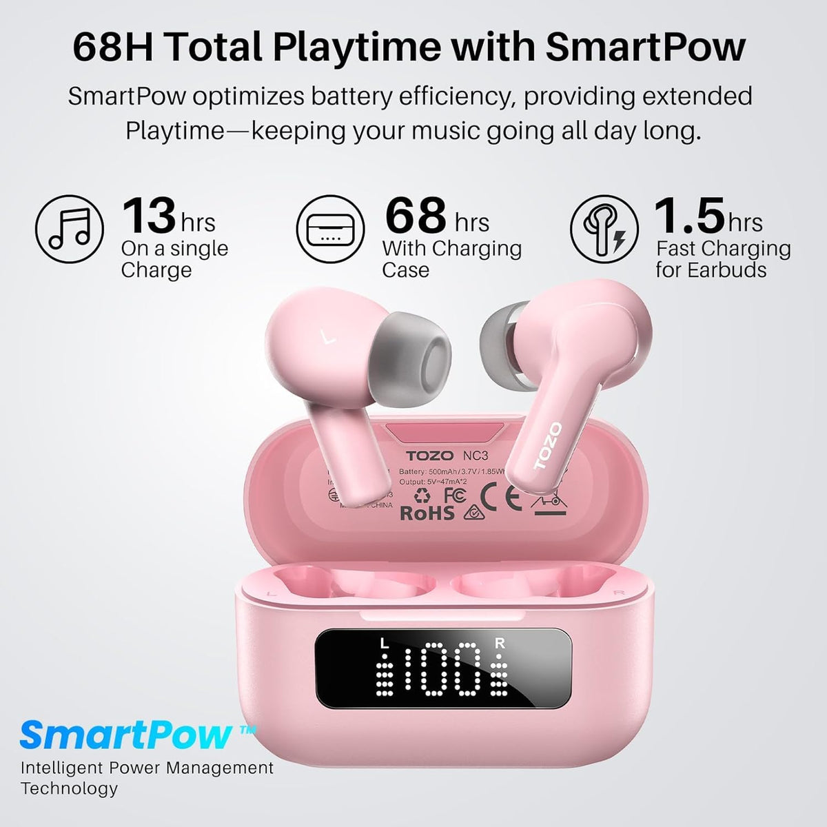 TOZO Hybrid Active Noise Cancelling in Ear Wireless Earbuds, 68H Playtime