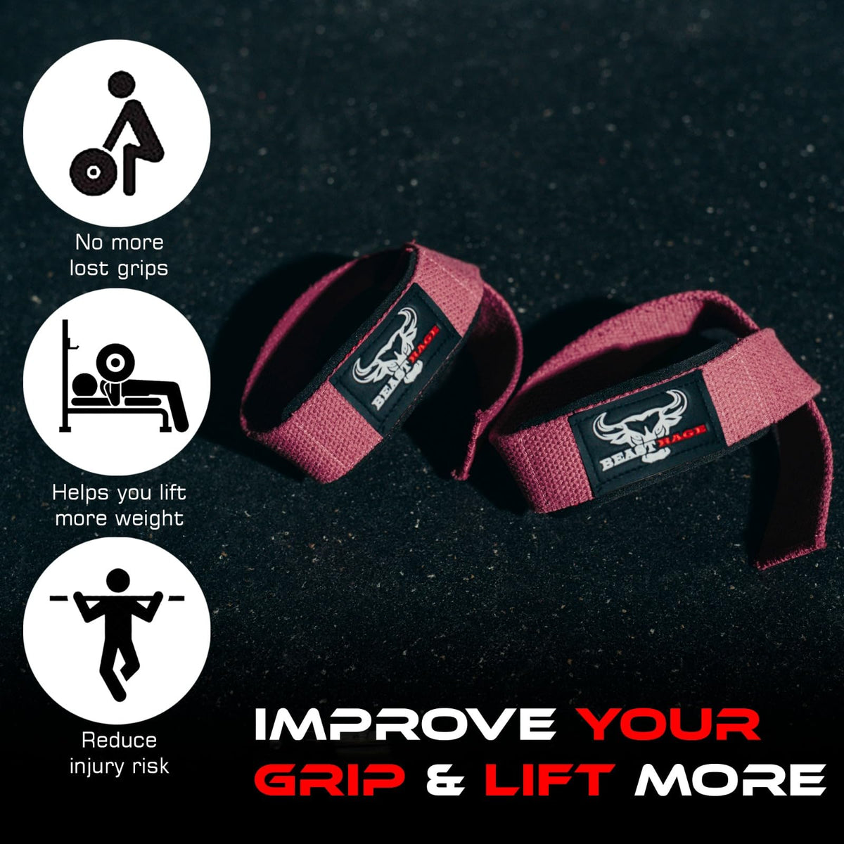 BEAST RAGE Weight Lifting Straps Fitness Padded Cotton Wrist Support Gel Advanced Grips Dumbbell Bar Wraps Heavy Duty Gym Bodybuilding Straps Power Deadlift Barbells Non Slip Exercise