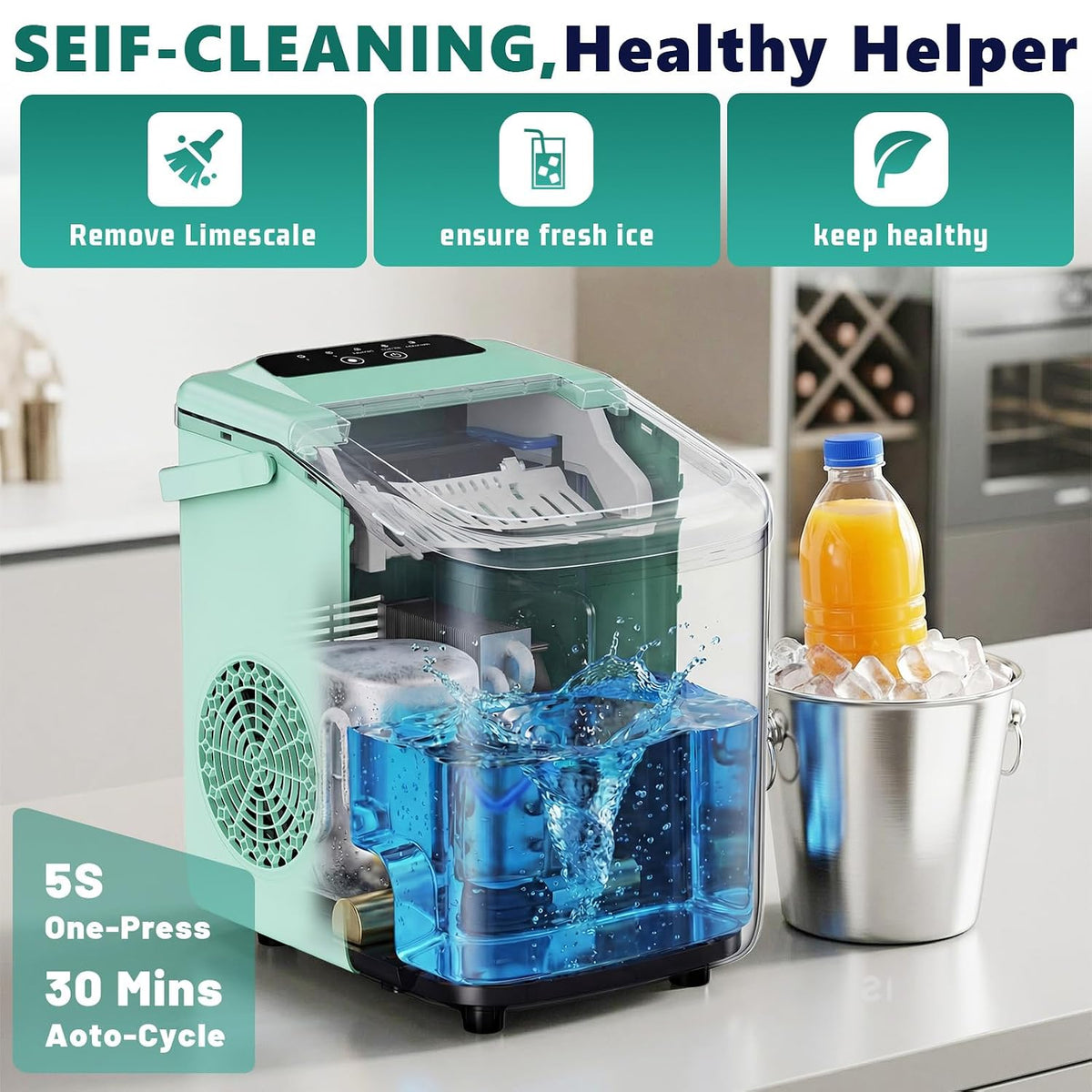 Sweetcrispy Countertop Ice Maker with Scoop, Basket and Handle, Portable Ice Machine 9 Cubes Ready in 6 Mins, 26.5lbs in 24Hrs, 2 Sizes for Home Kitchen Office Bar Party