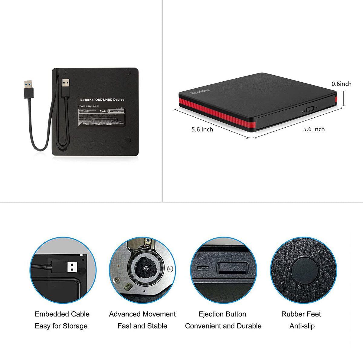 Rioddas External USB-C 3.0 CD/DVD Drive Burner +/-RW, Ultra-Slim Portable DVD Player Writer Reader for Windows 11/10/8 Linux, Laptop Desktop PC Mac iMac MacBook