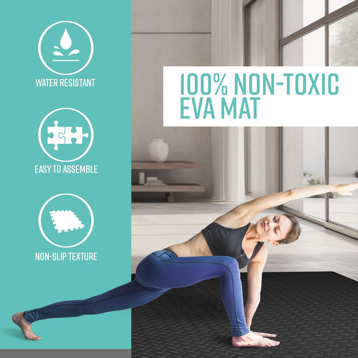 Exercise Foam Mat - Anti fatigue Protective Interlocking Puzzle EVA Floor Tiles with Edges - Gym Flooring Mats - Non slip Rubber Cushion for Underlay (Black, 4 Tiles (16 Square Feet))