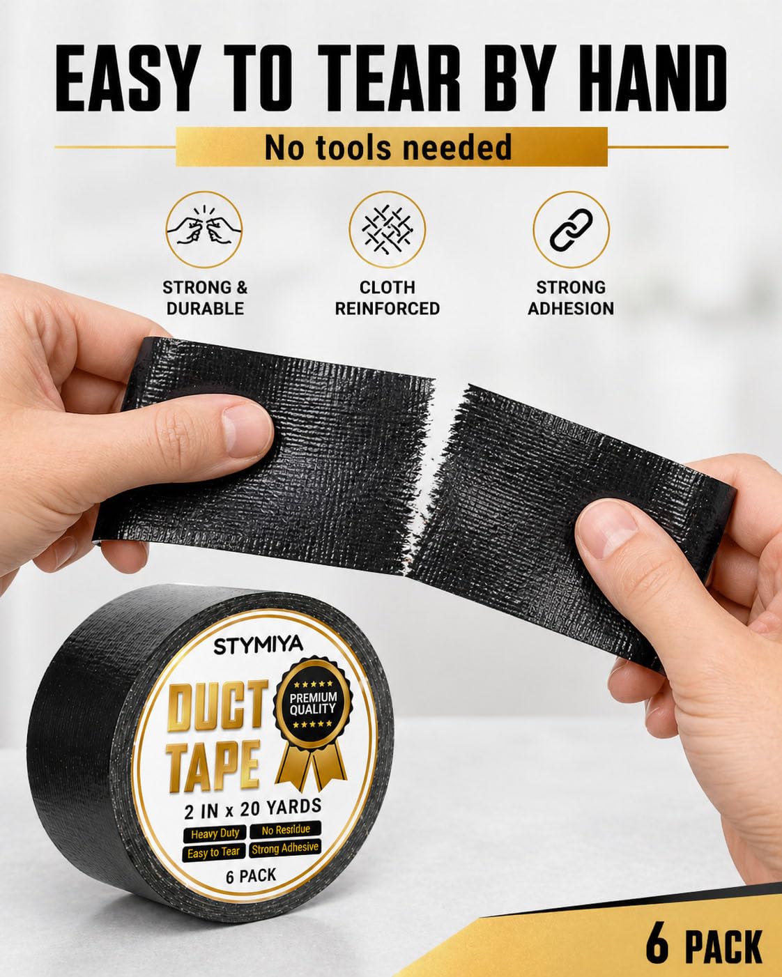 Black Duct Tape Heavy Duty: 3 Rolls 2inch x 20yd Wide Waterproof Outdoor - Strong Adhesive Weather Tapes Repair Bulk - Ductape for Patterns Masking Packing Furniture Kids Craft (3, Matte Black)