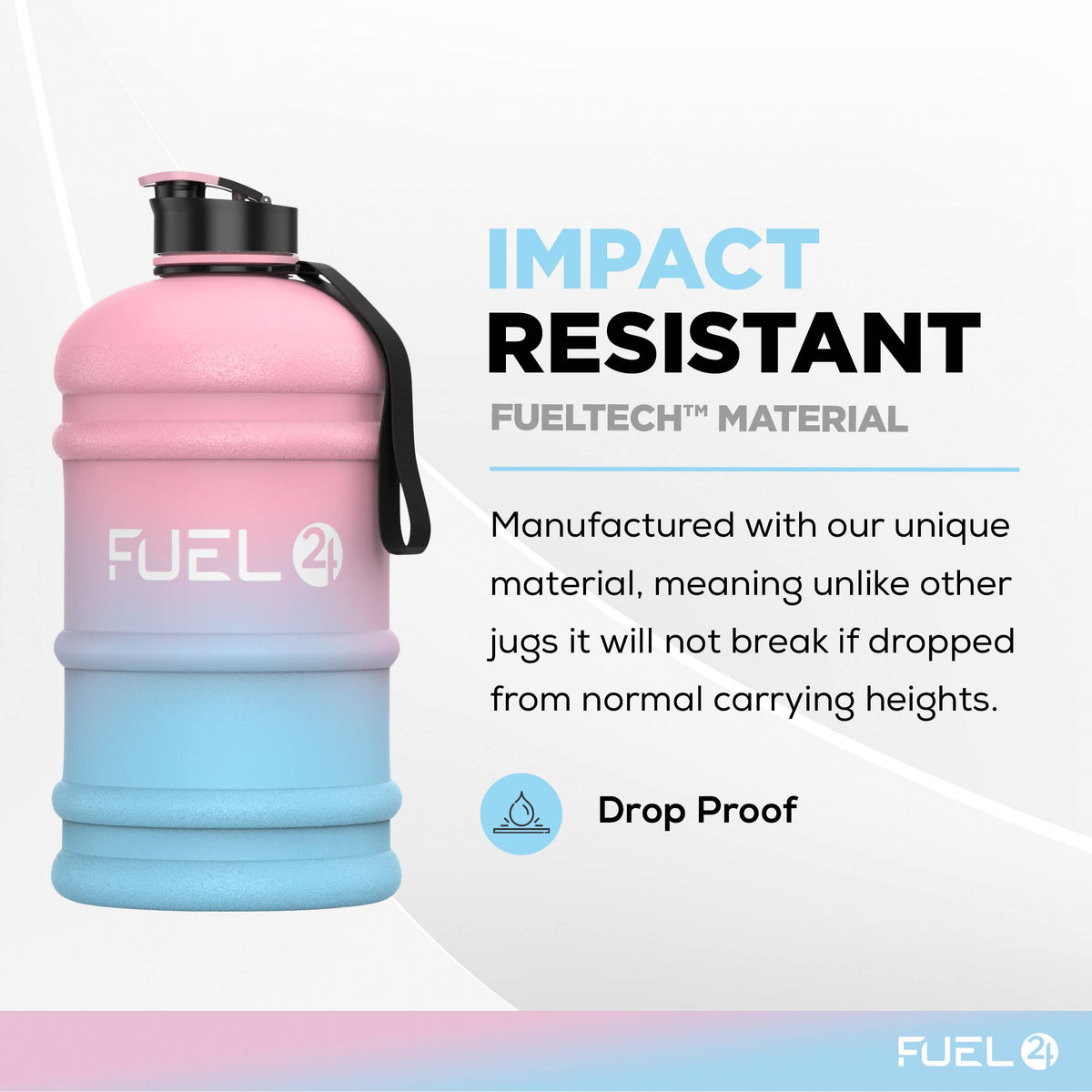 Fuel24 Jug - 2.2 Litre Water Bottle - Extra Strong Flex Material - Drop Proof, Pop or Straw Cap Options - 2.2L Large Gym Sports Bottle, BPA FREE