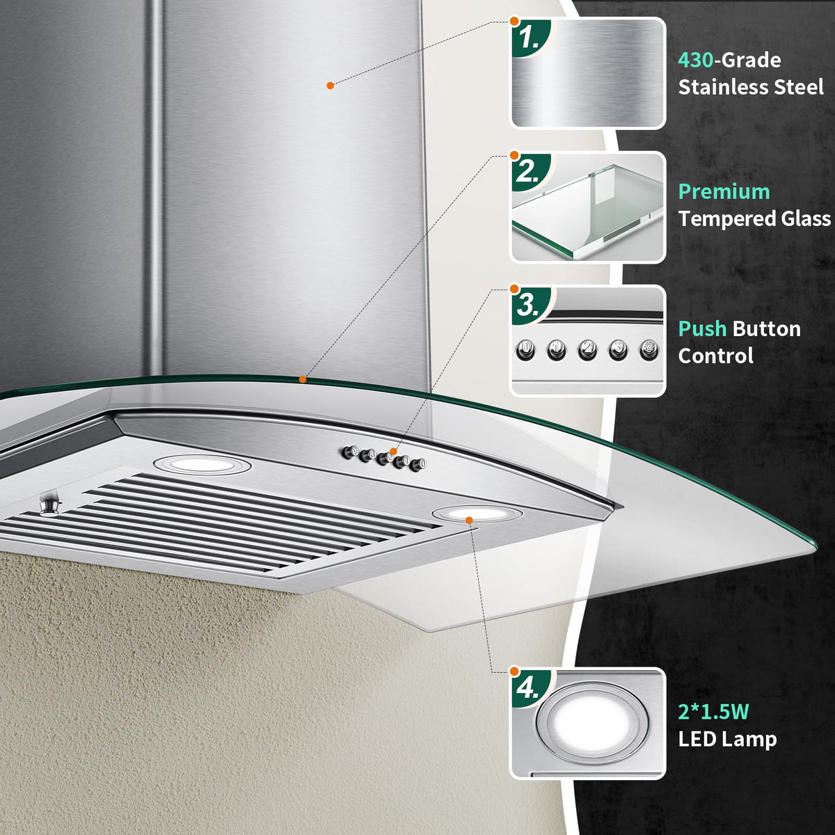 Range Hood 30 Inch, Tieasy Wall Mount Kitchen Hood with Ducted/Ductless Convertible Duct, Stainless Steel Chimney and Baffle Filters, Touch Control Fan Timer, LED Lights, 3 Speed Fan