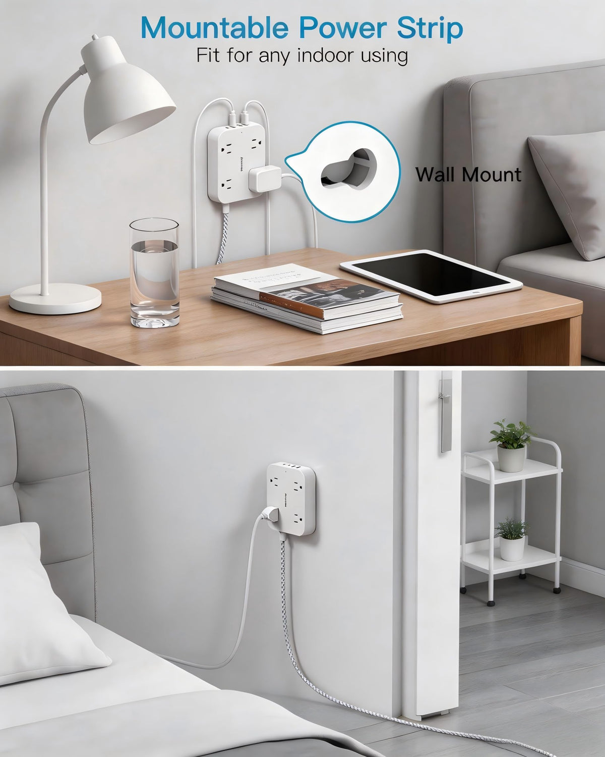 10 Ft Extension Cord, Flat Power Strip with 4 Outlets 4 USB Ports (2 USB C)
