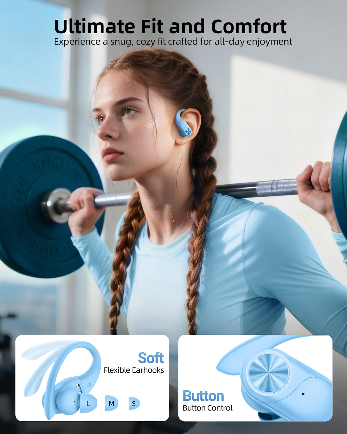 PocBuds Bluetooth Headphones Wireless Earbuds 80hrs Playtime Wireless Charging Case Digital Display Sports Ear Buds with Earhook Deep Bass IPX7 Waterproof Over-Ear Earphones for TV Phone Laptop Pink