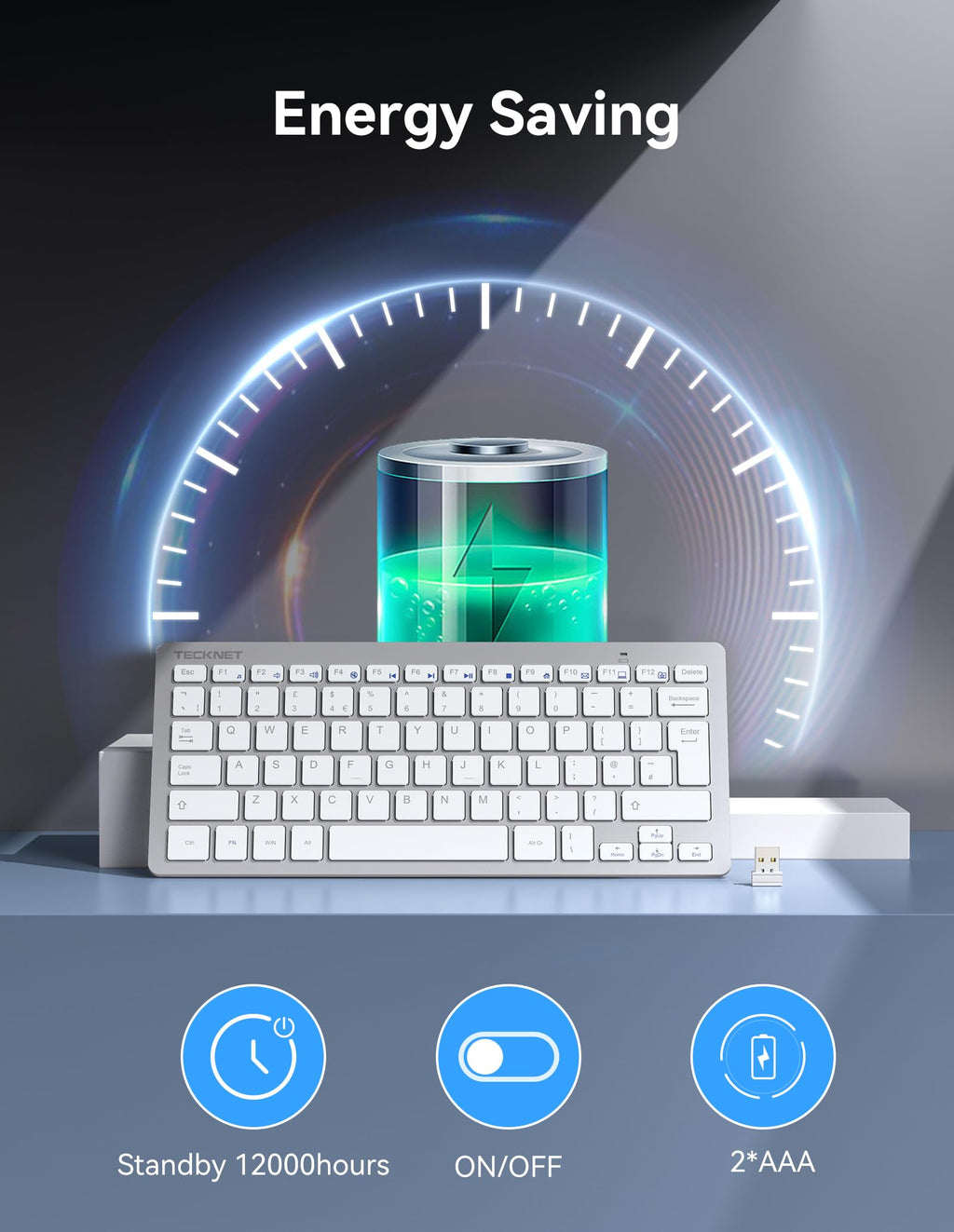 TECKNET 2.4G Wireless Compact Mini Keyboard, UK Layout, White