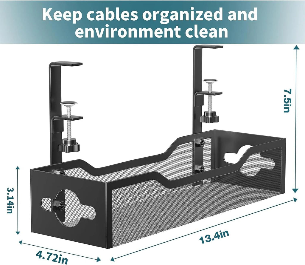 Under Desk Cable Management Tray 2 Pack, No Drill Cable Organizer With Clamp for Standing Desk, Easy to Install Cord Management System, No Damage Wire Organizer