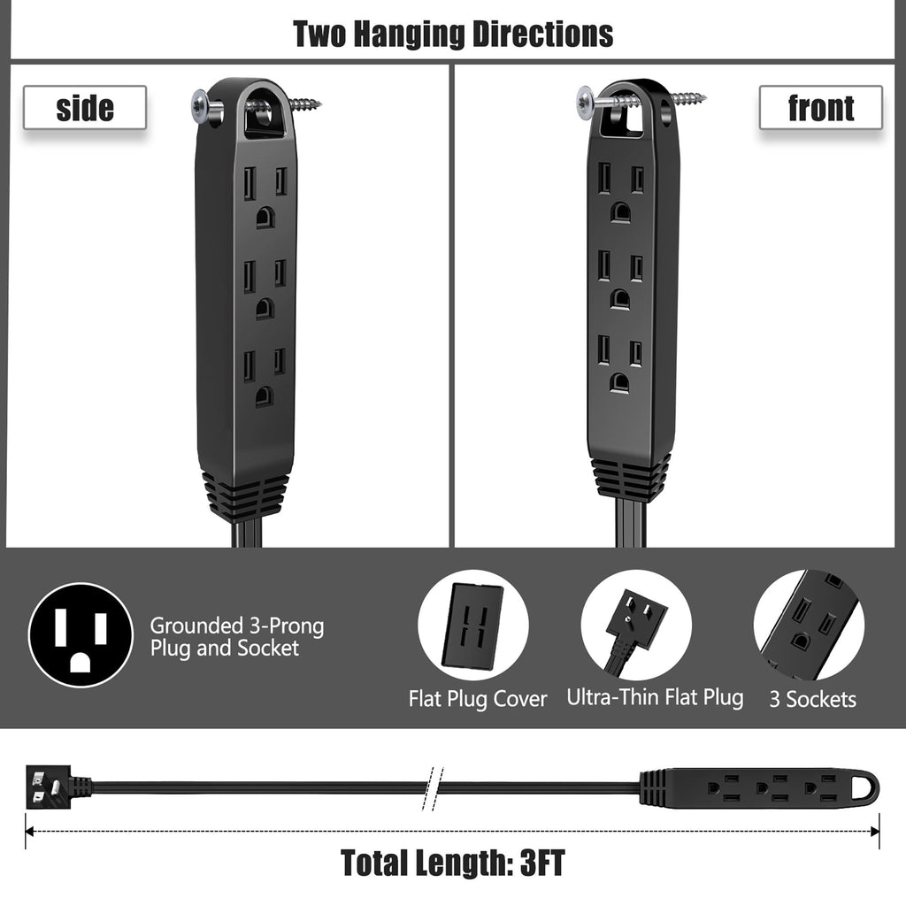 CABOCASA 3FT Flat Plug Extension Cord Power Strip 3 Outlets White Upward