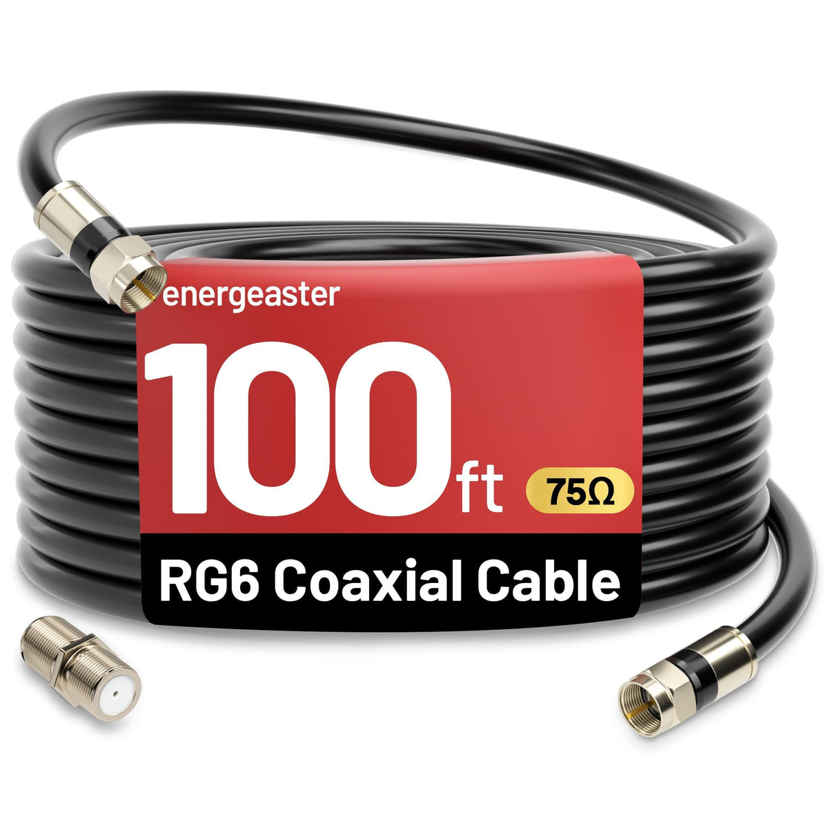 energeaster 10FT RG6 Coaxial Cable with Waterproof Rubber Boot, Black