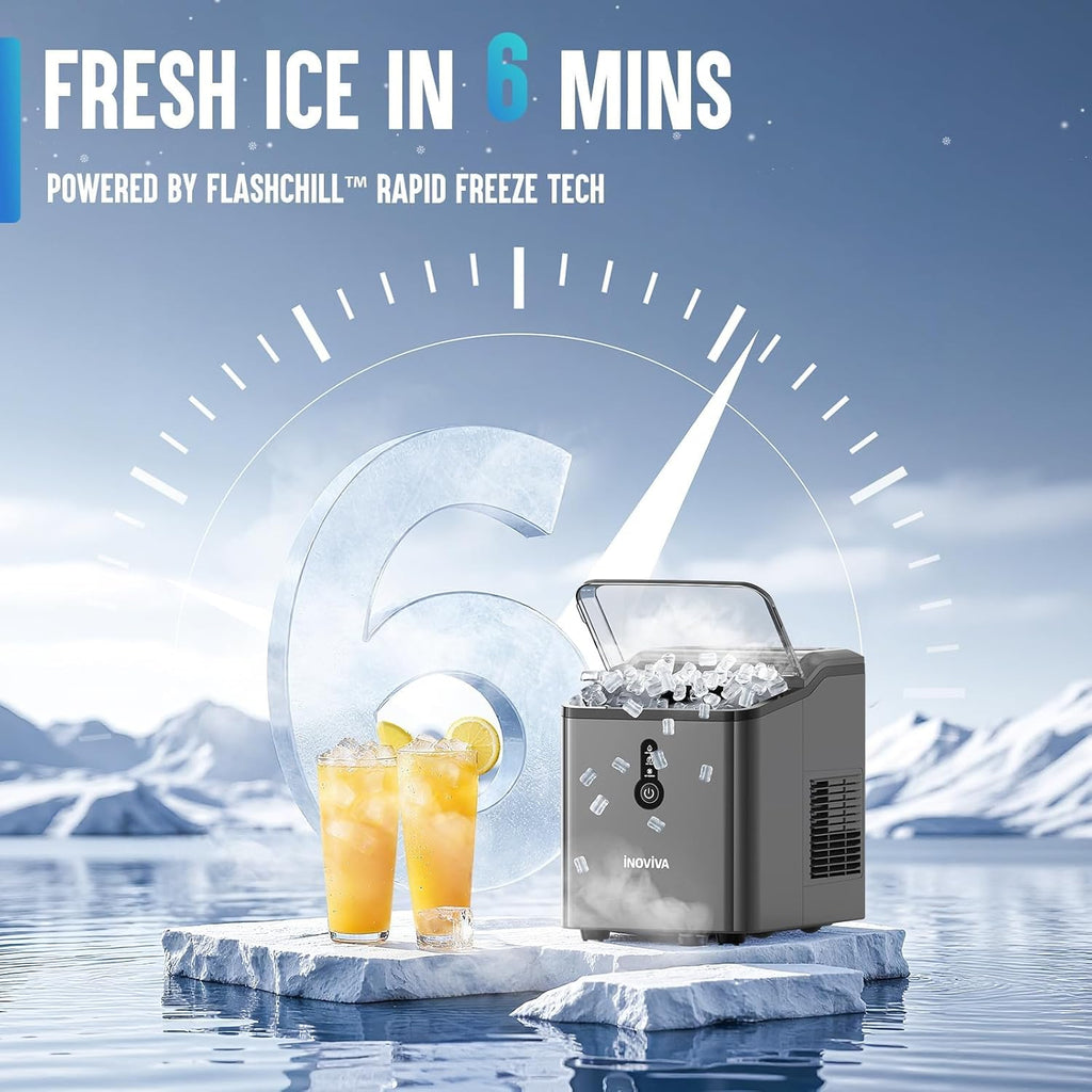 INOVIVA Nugget Ice Makers Countertop – 6 Mins Fast Ice Production, FLASHCHILL™, 26.5 LBS/Day, Self-Cleaning, Compact Portable Design, Ideal for Home, Office & Parties
