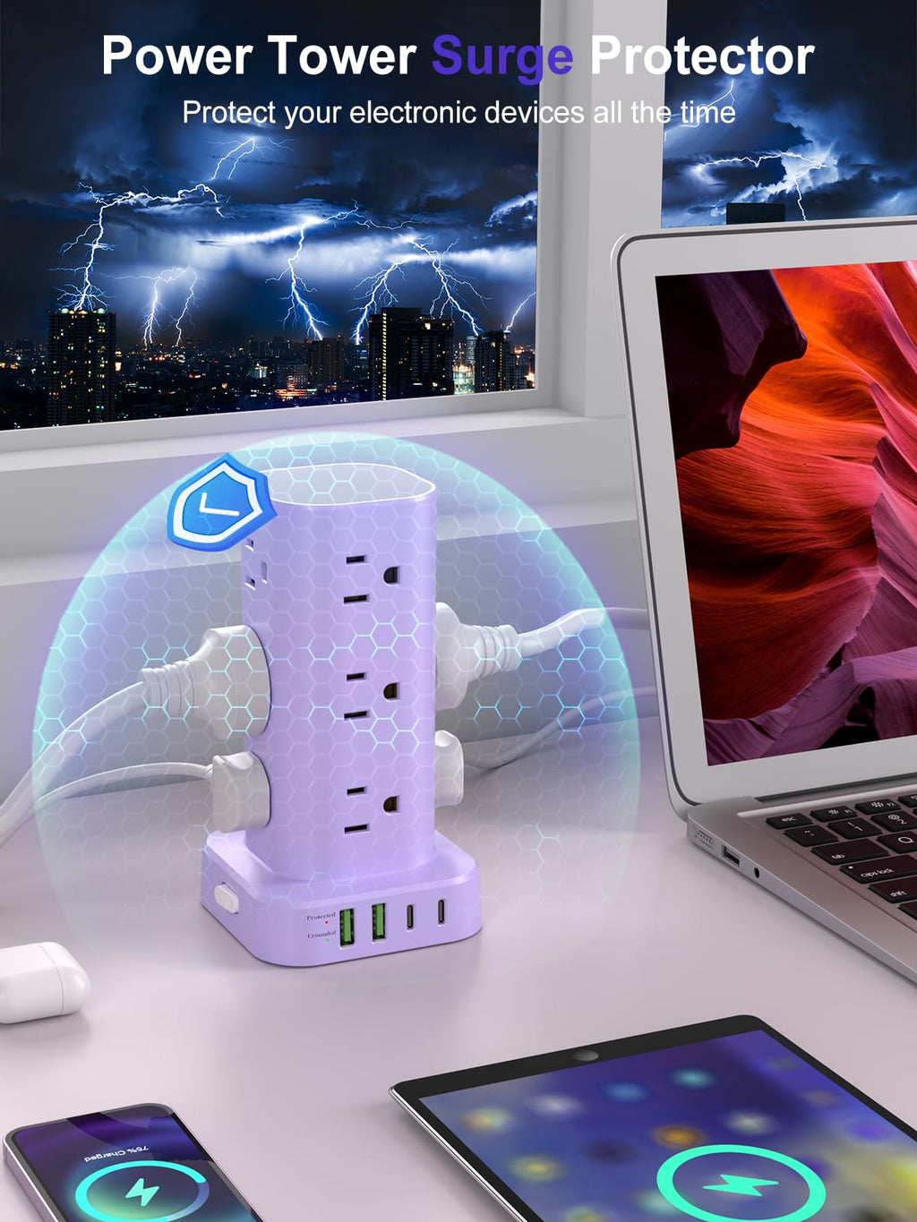 6FT Power Strip Tower with Wireless Charger,Surge Protector with 12 Outlets