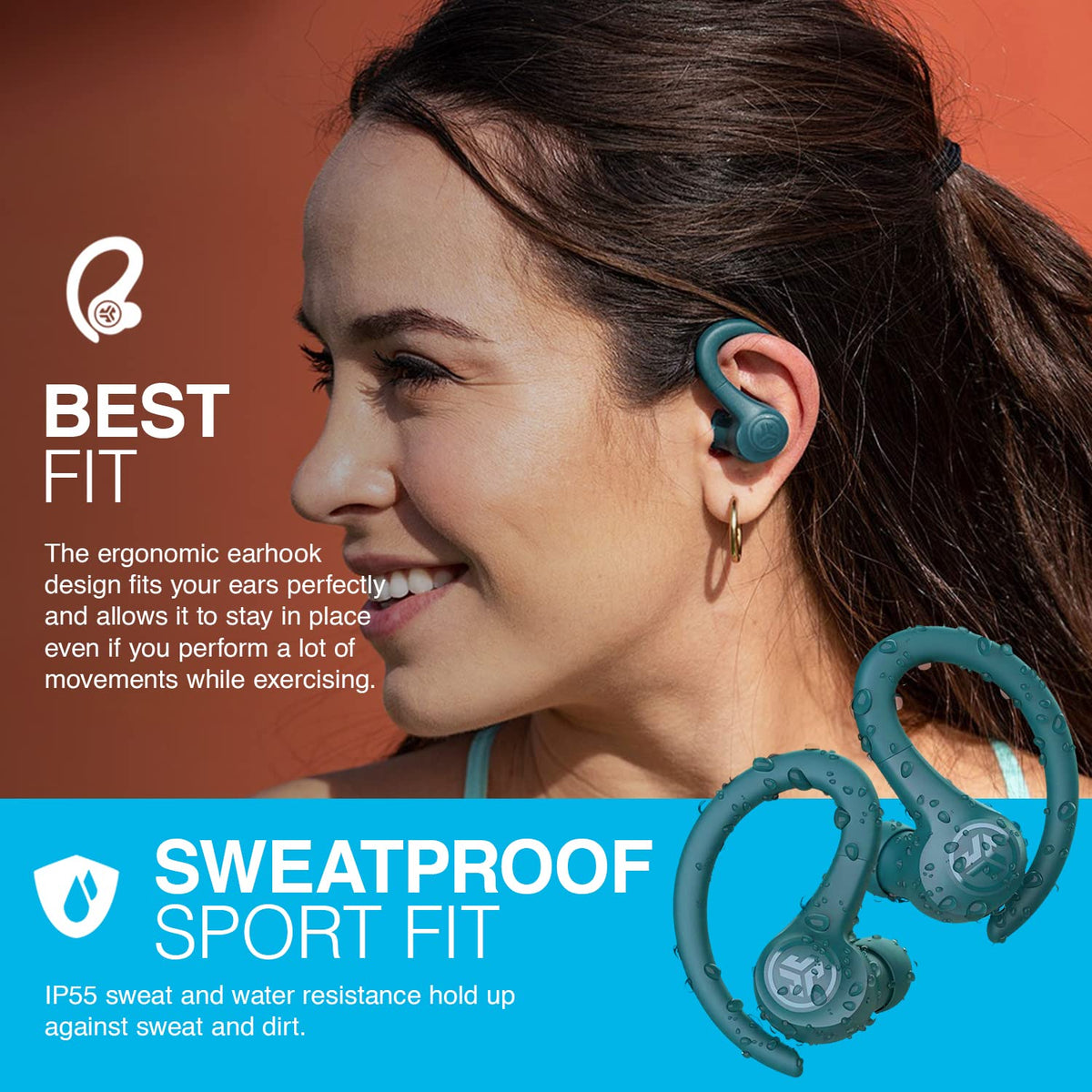 JLab, Go Sport+, True Wireless Workout Earbuds, Bluetooth Sport Earbuds, Clear Calling, Sand