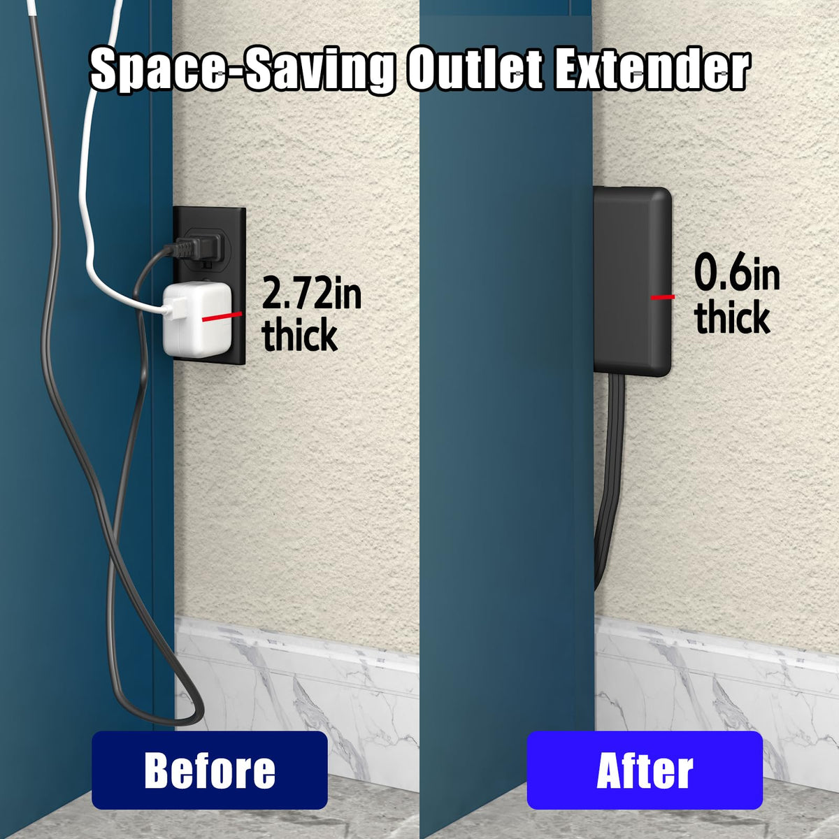 CABOCASA 3FT Flat Plug Extension Cord Power Strip 3 Outlets White Upward