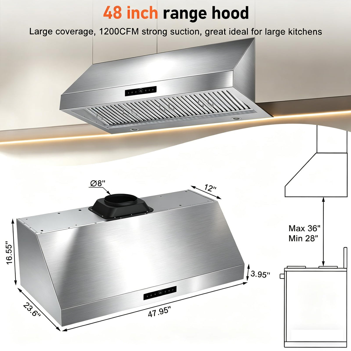 30 Inch Under Cabinet Range Hood, High Suction Hood Vents for Kitchen