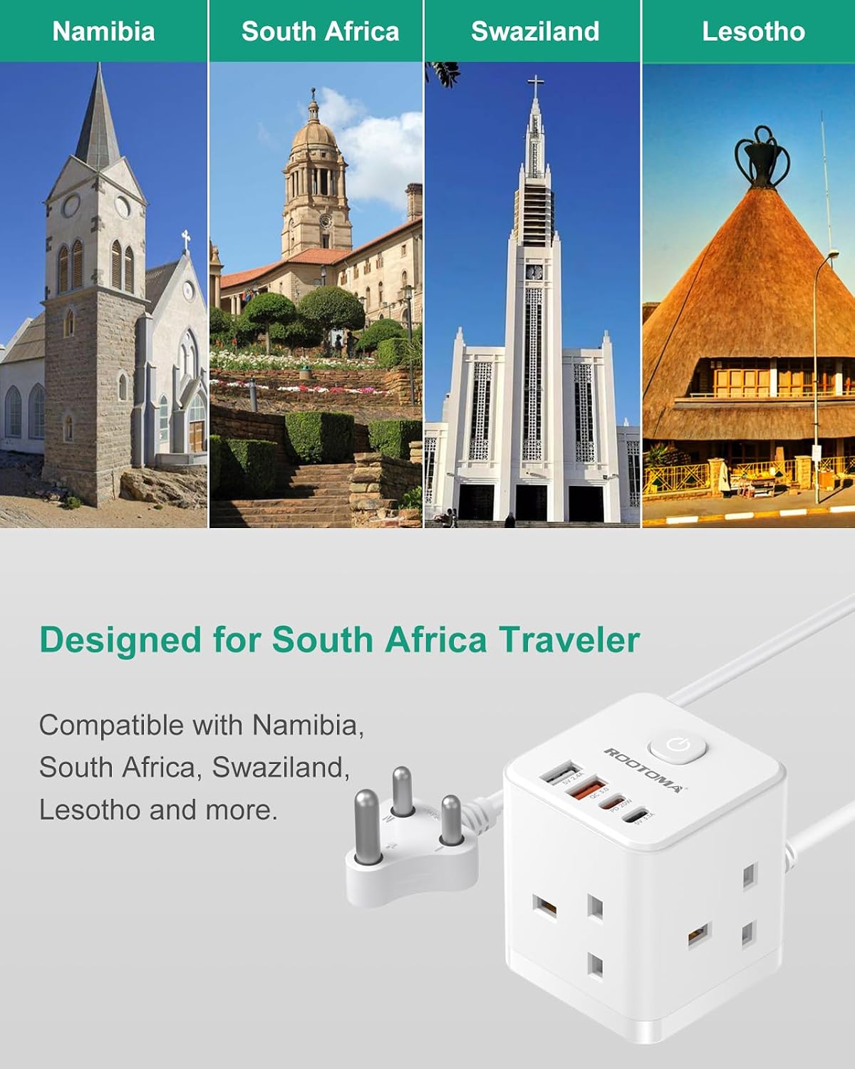 South Africa Plug Adapter, PD20W 3 Way Cube Extension Lead, Type M,1.5M
