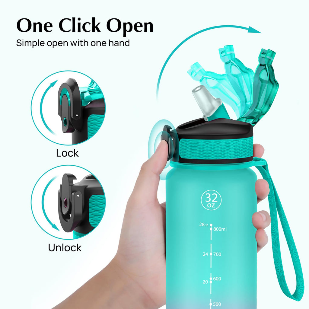 EYQ 1L Water Bottle, 1 Litre Water Bottle with Straw, 32oz Leak-Proof Motivational Sports Drinks Bottle with Time Marker, Tritan BPA-Free, Drinking Waterbottles for Gym Outdoor Sports