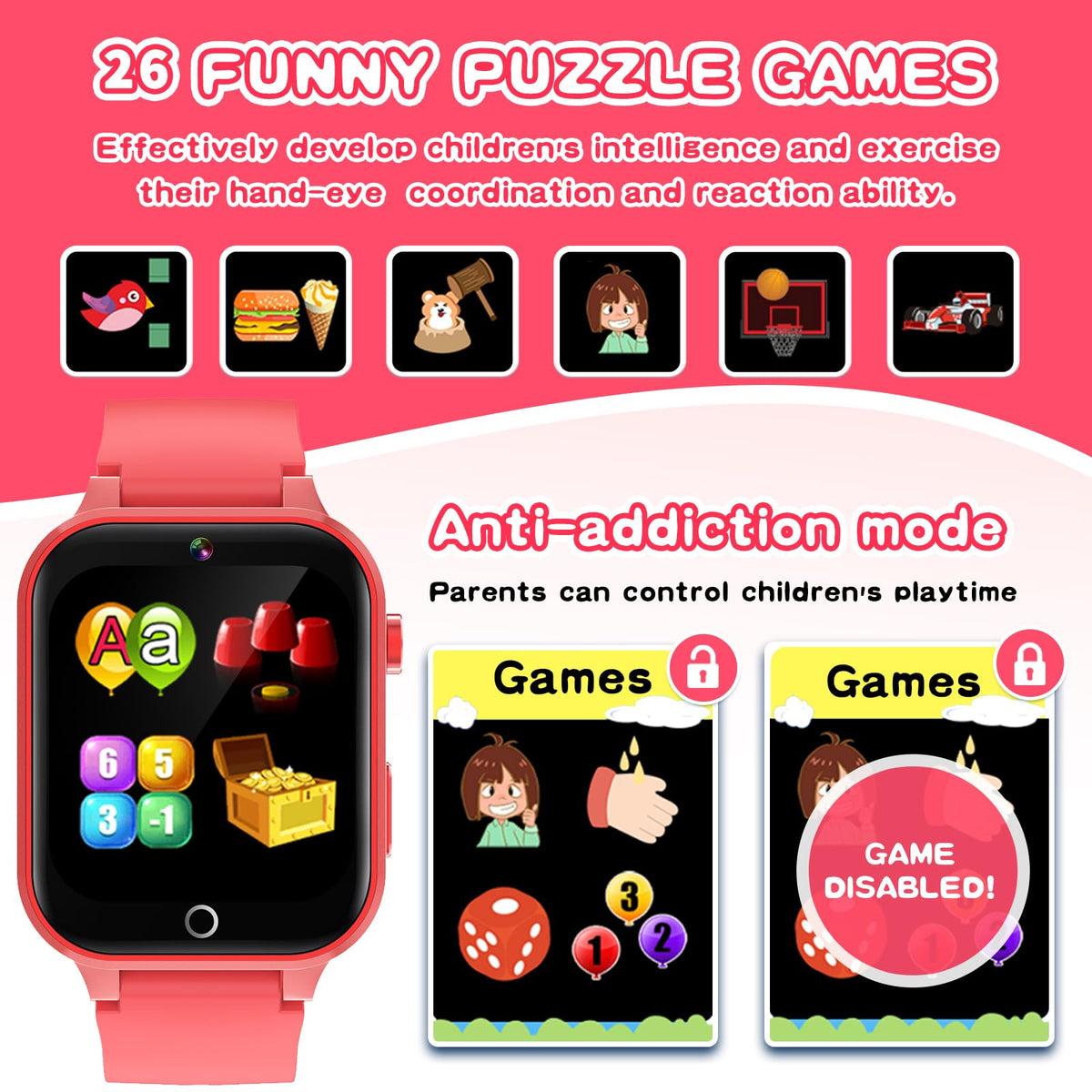 Kids Smart Watches Girls Age 5-12, 26 Games High-Resolution Touchscreen Kids Watch with Video Camera Music Player Pedometer Flashlight 12/24 hr Educational Toys Birthday Gifts for Girls Ages 6 7 8