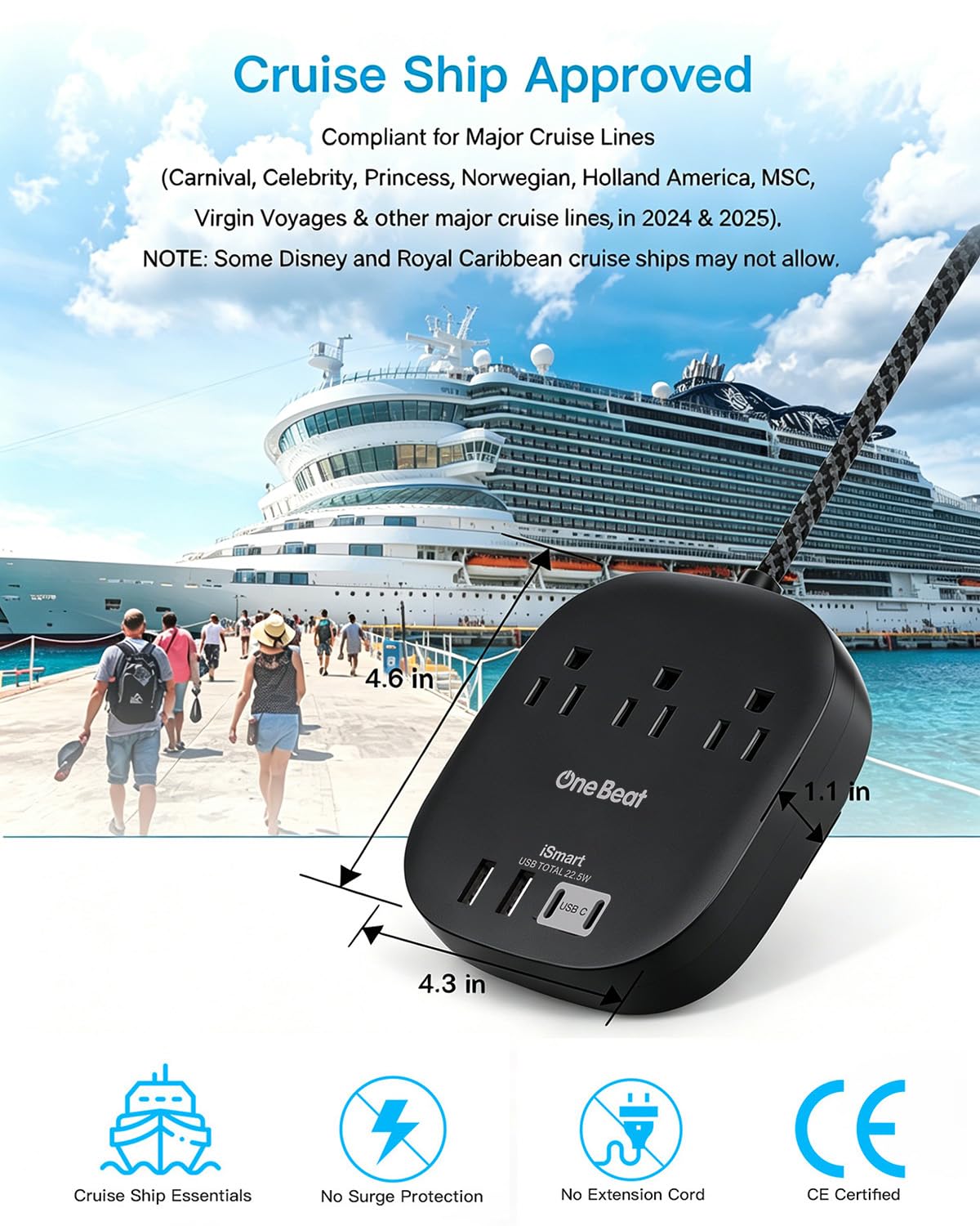 Travel Essentials, 22.5W/4.5A Flat Plug Power Strip, 6 Ft Extension Cord