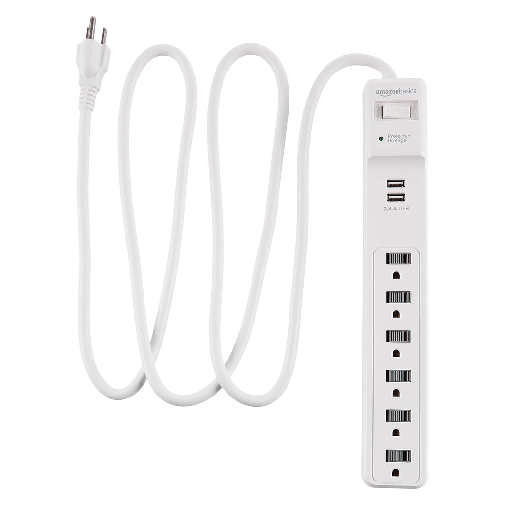 Amazon Basics Surge Protector Power Strip, 6-Outlet, 790 Joules, 6ft Extension Cord, Safety Shutters, White