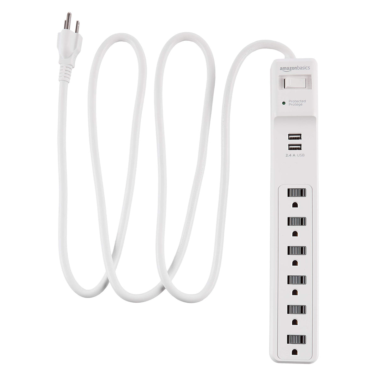 Amazon Basics Surge Protector Power Strip, 6-Outlet, 790 Joules, 6ft Extension Cord, Safety Shutters, White
