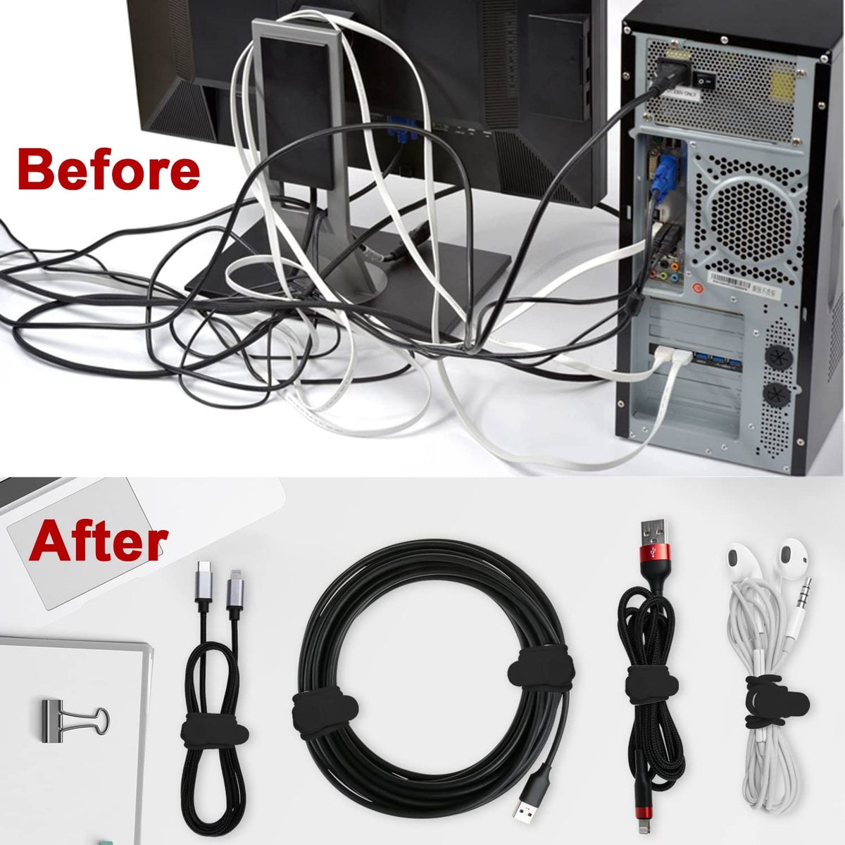 24Pcs Silicone Cable Ties, Cord Organizer Cable Management-Multi