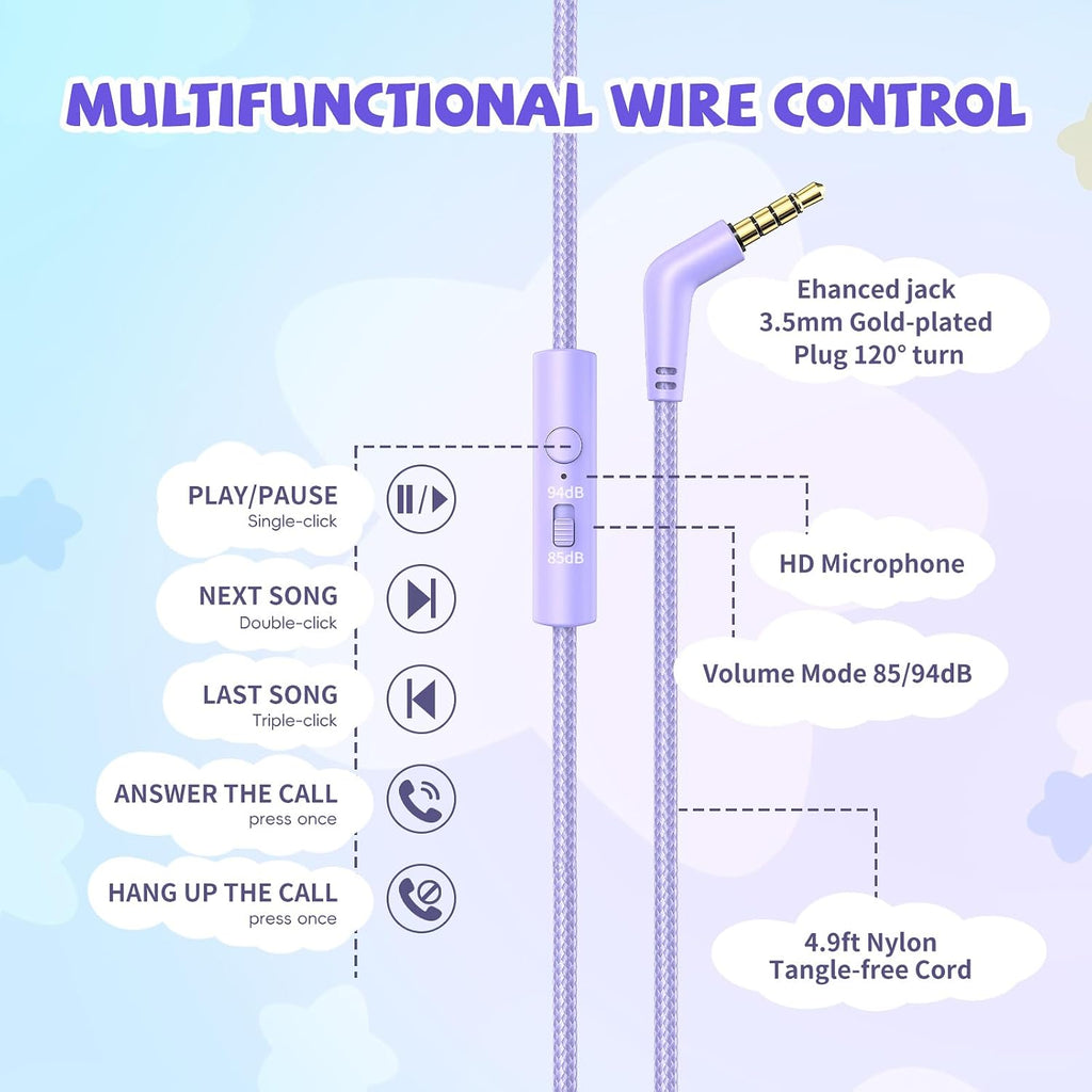 Botesty Sound Kids Headphones Wired for School, 3.5 Plug Safe Volume Purple