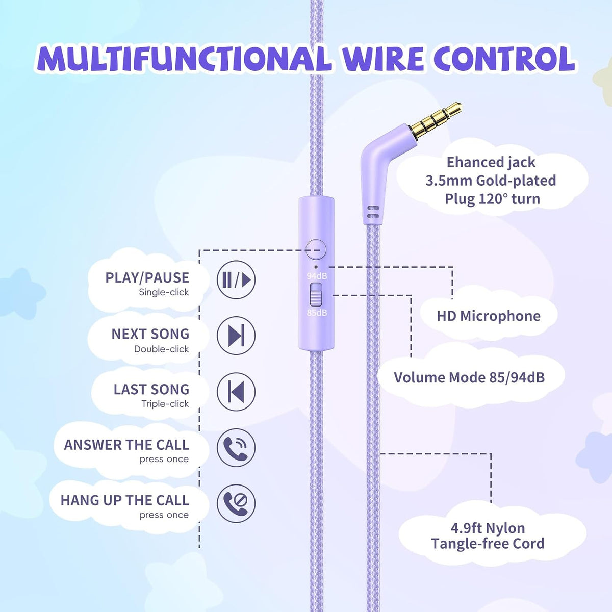 Botesty Sound Kids Headphones Wired for School, 3.5 Plug Safe Volume Purple