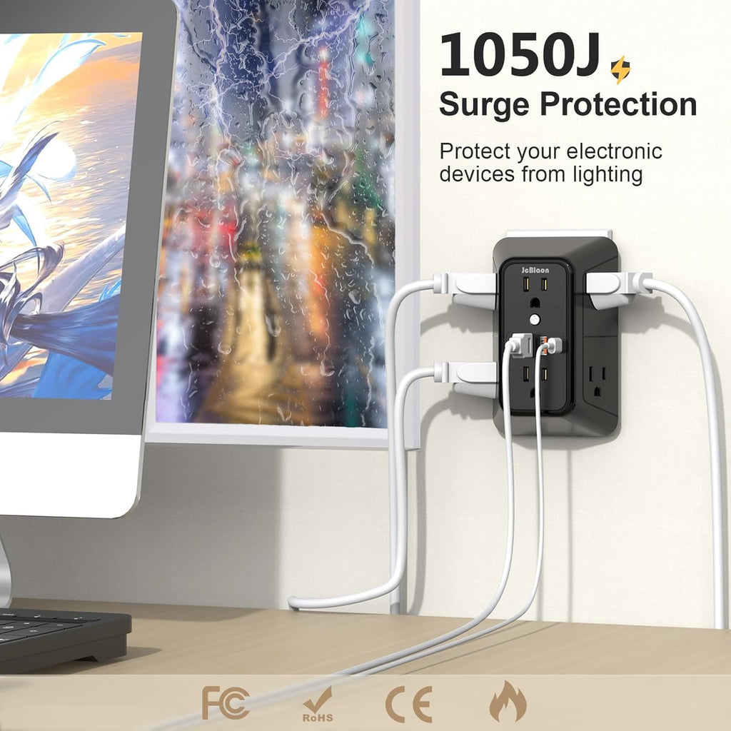 3 Pack Surge Protector Outlet Extender, 6 Outlet Splitter with 4 USB Ports (2 USB C), Multi Plug Wall Outlet 1050J Power Strip, USB Wall Charger for Home Office Kitchen Travel-ETL