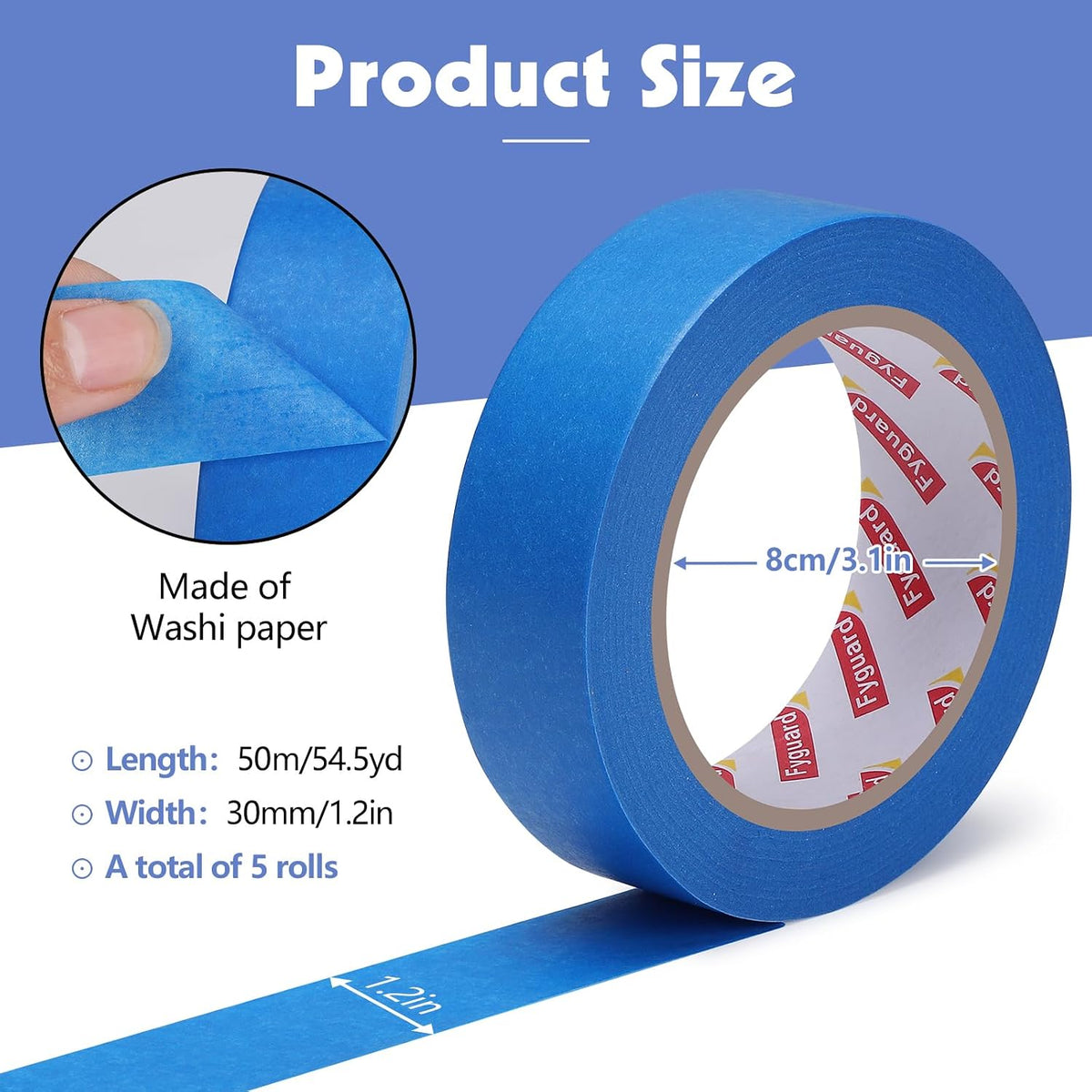 5 Rolls Painters Tape Blue, 36mm x 50m, UV & Heat Resistant